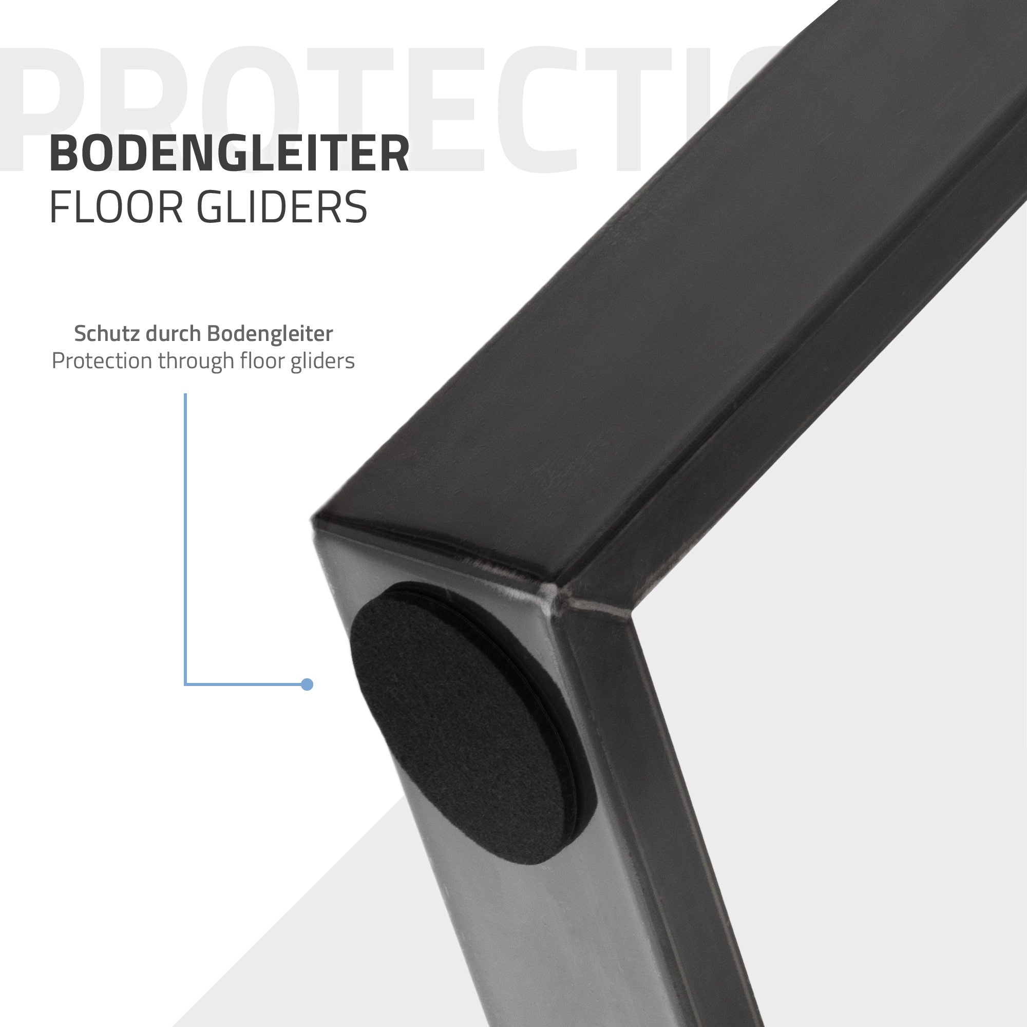 Detail view of a table leg with floor glides to protect the floor.