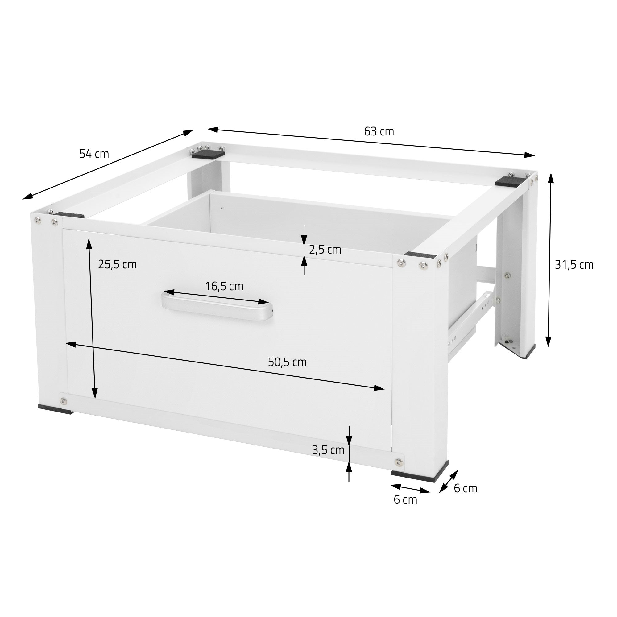 White drawer cabinet with measurements and a handle.