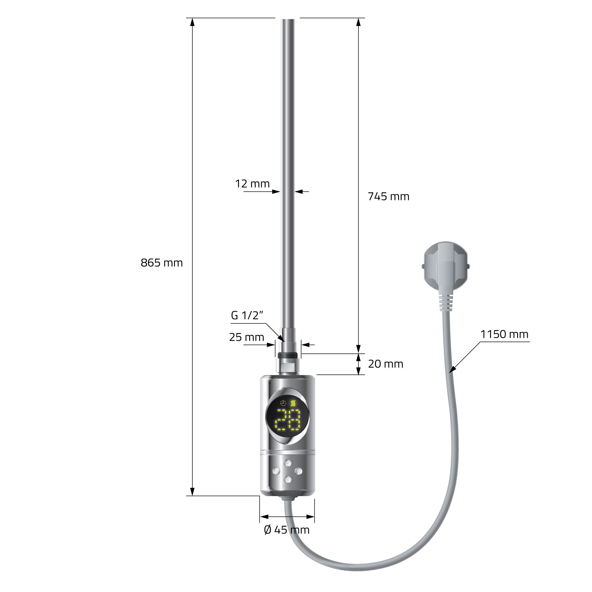 Disegno tecnico di un dispositivo con dimensioni e dettagli di connessione.
