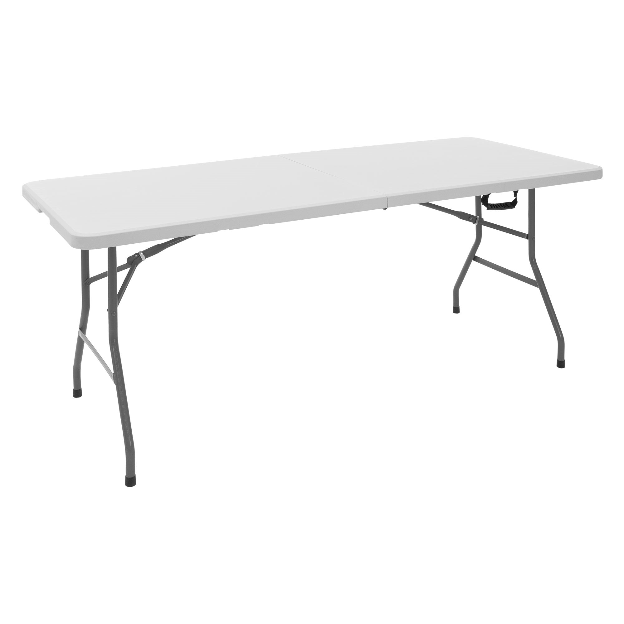 Klappbarer Tisch in weiß, mit grauem Gestell.