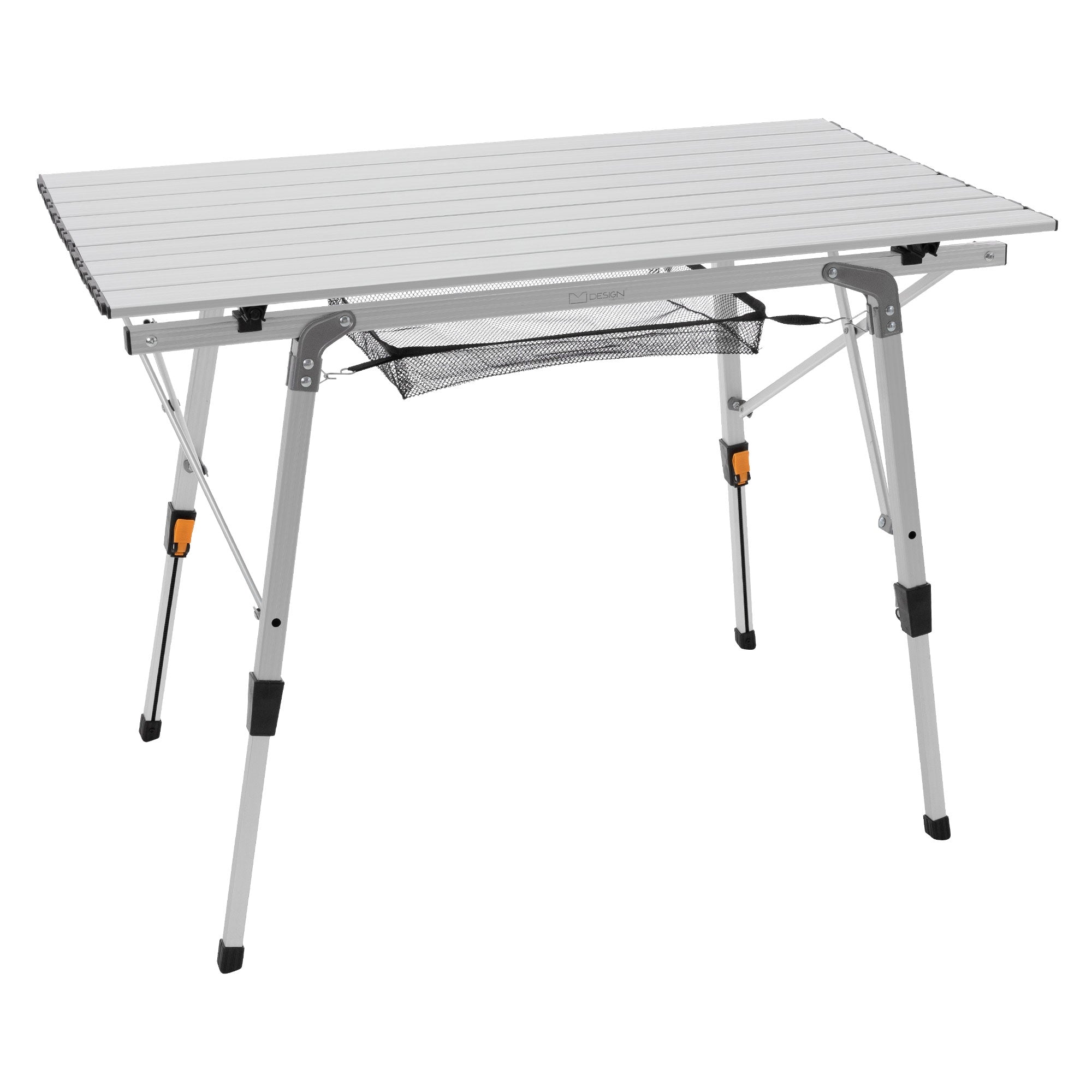 Table pliante en aluminium avec un filet sous le plateau.