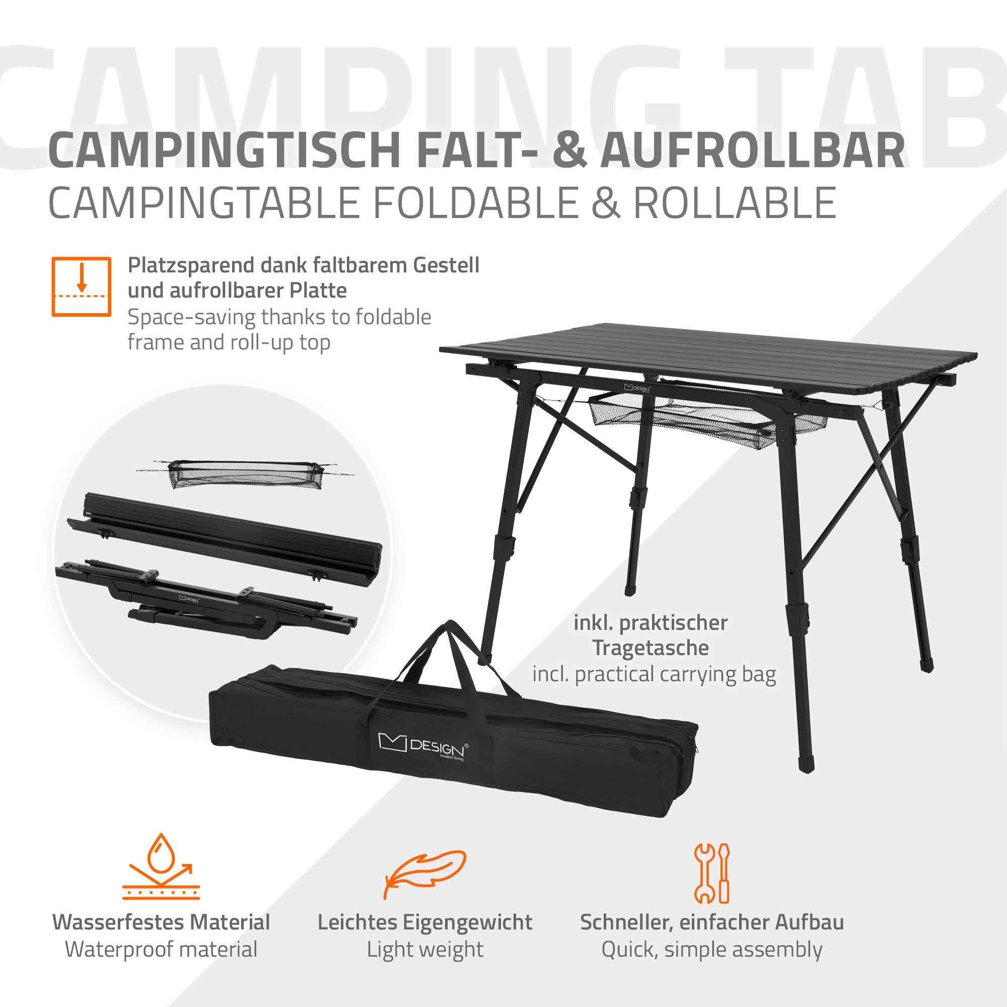 Faltbarer Campingtisch mit Tragetasche und abgerundeten Ecken.