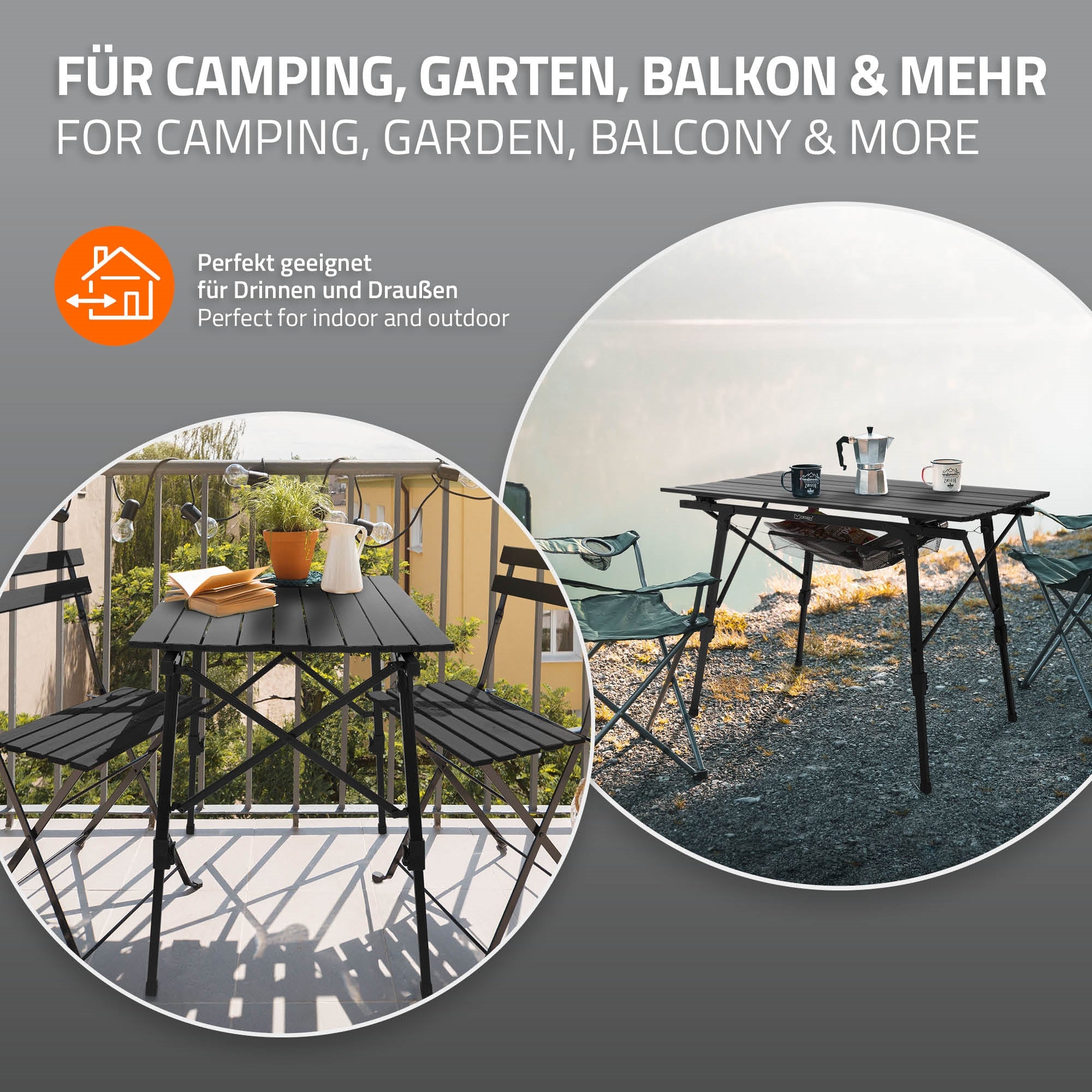 Klappbarer Tisch für Camping, Garten und Balkon mit zwei Stühlen.