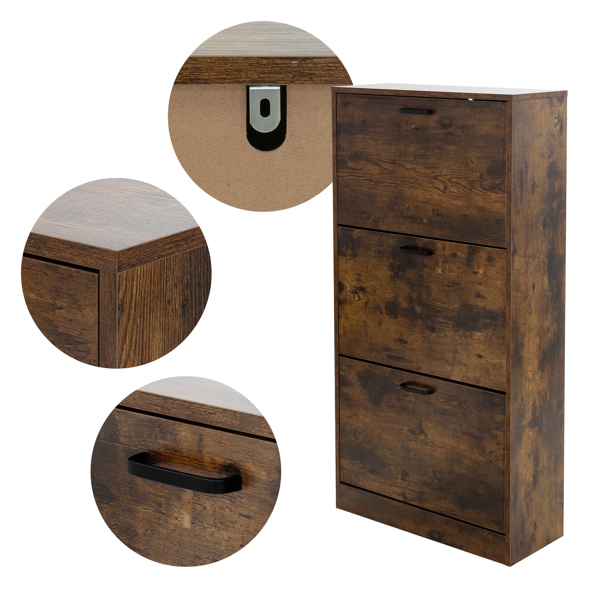 Armario de madera con tres compartimentos y vistas detalladas de la asa y el borde.