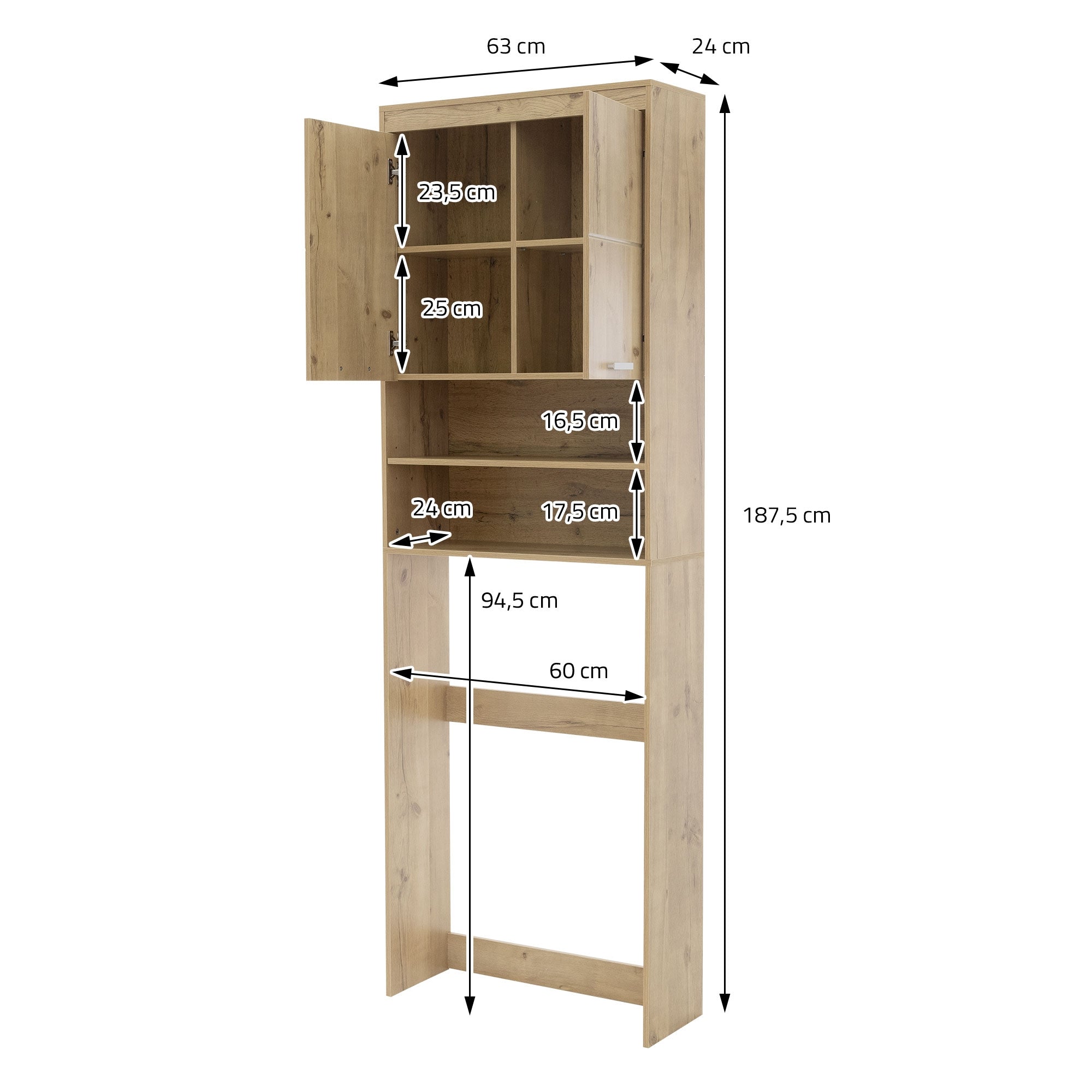 Houten kast met open en gesloten vakken, maatgegevens in centimeters.