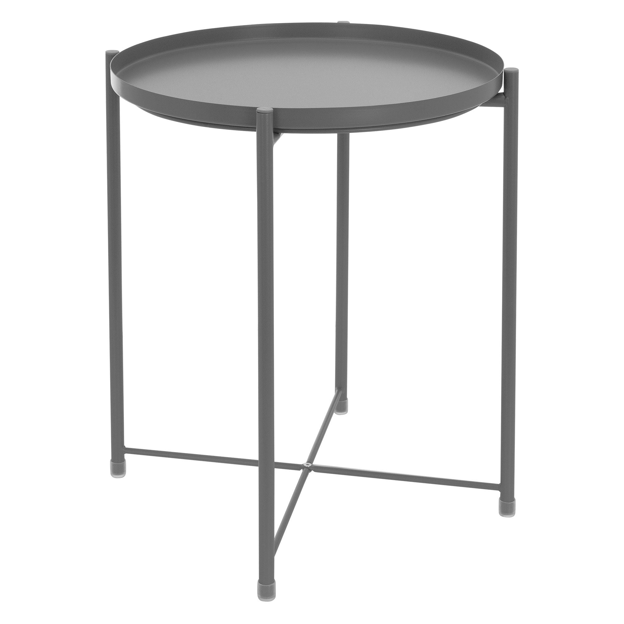 Grauer runder Tisch mit stabilen Beinen, minimalistisches Design.