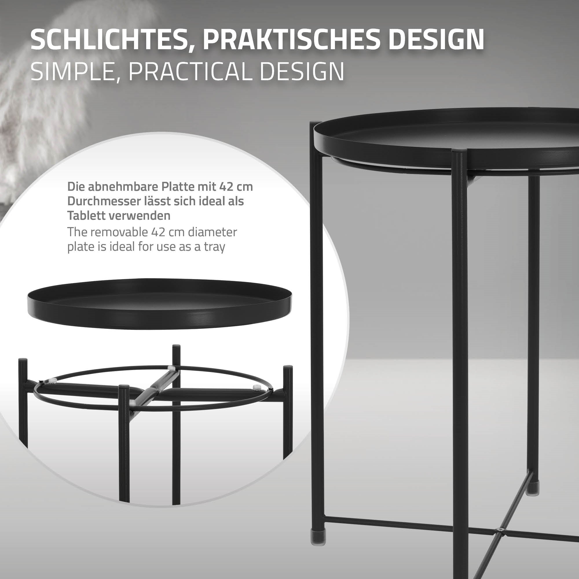 Schwarzer Tisch mit abnehmbarer Platte, die als Tablett verwendet werden kann.