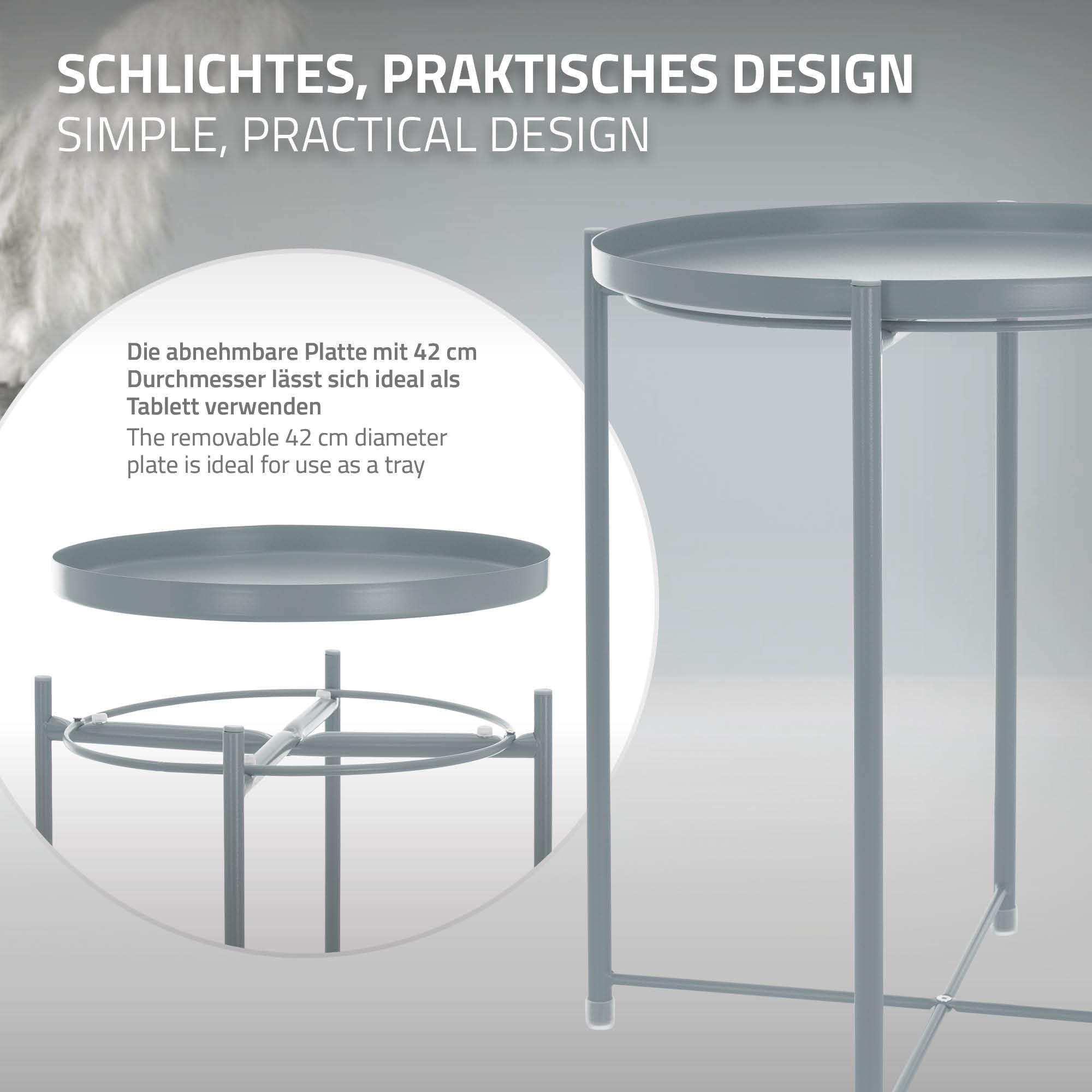 Runder Tisch mit abnehmbarer Platte, Durchmesser 42 cm, als Tablett nutzbar.