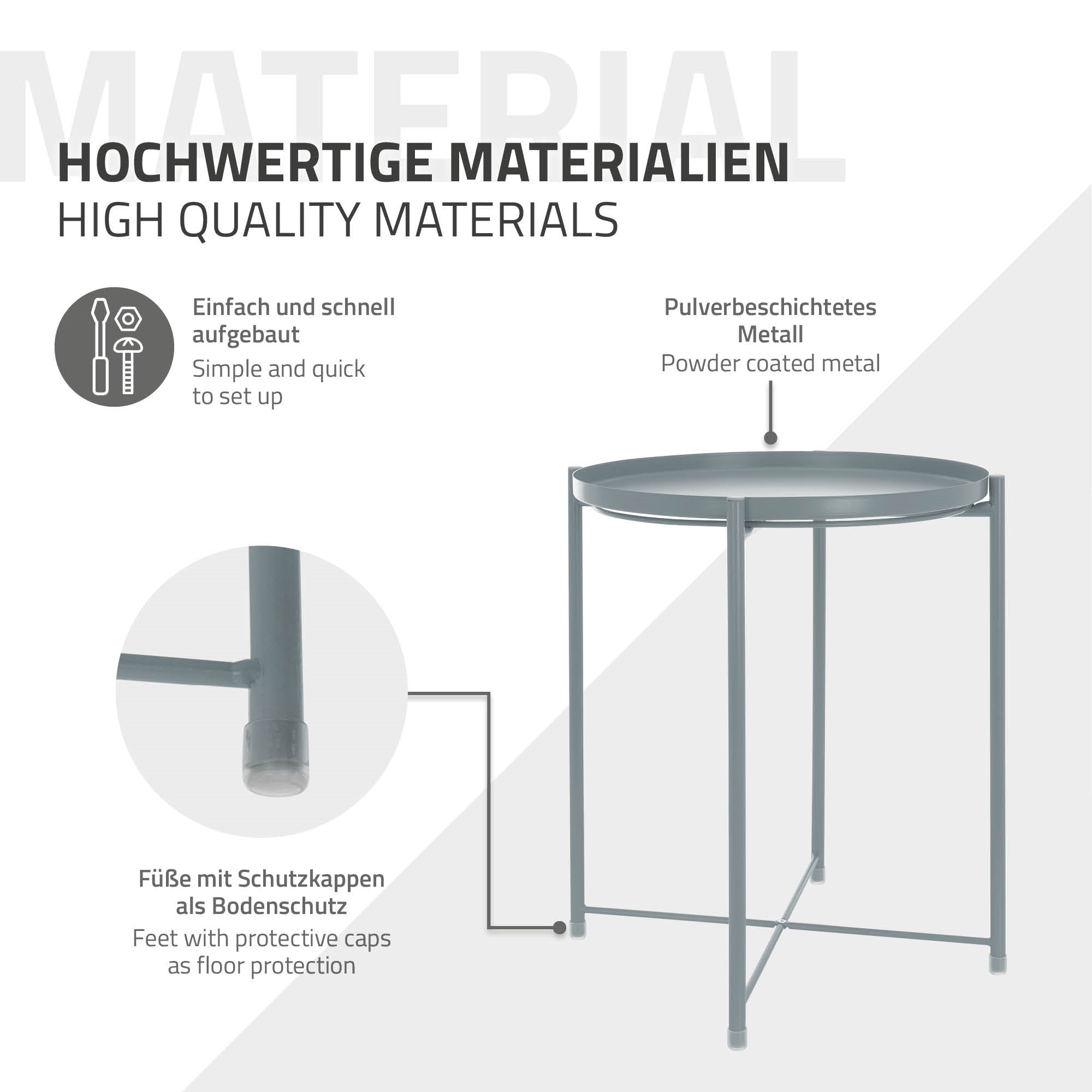 Tisch mit pulverbeschichtetem Metall und Schutzkappen als Bodenschutz.