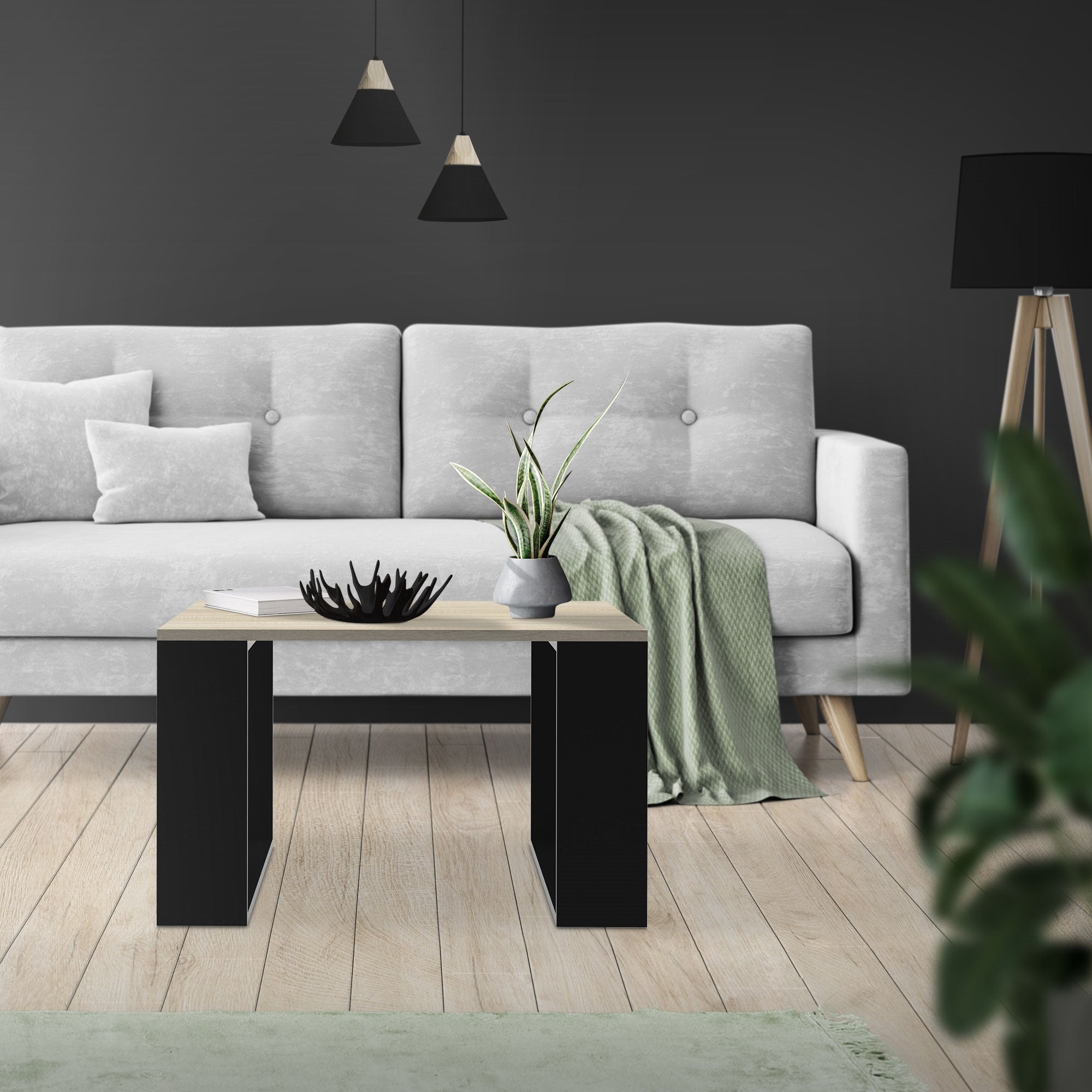 Sala de estar clara con sofá gris, mesa y plantas en el suelo.