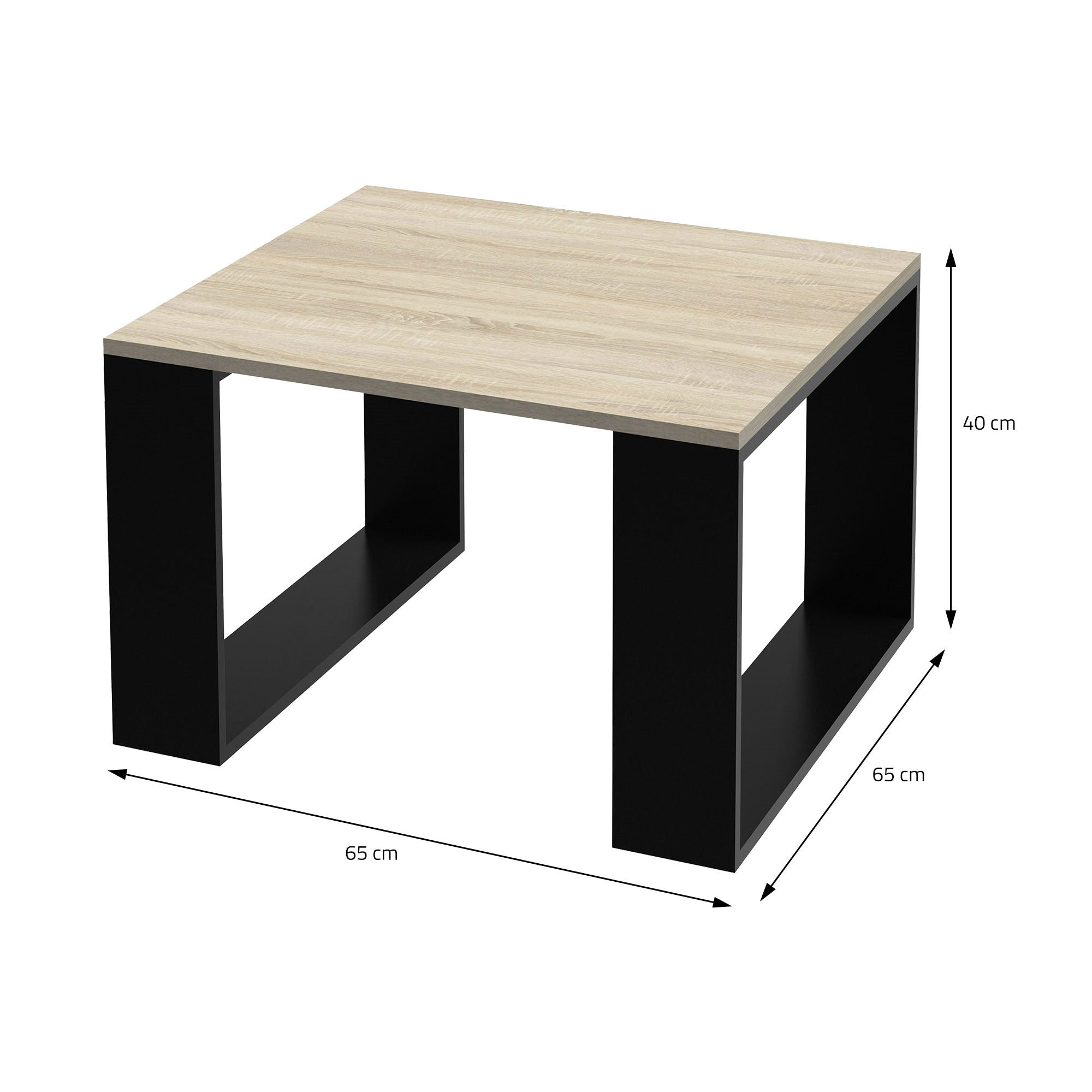 Una mesa cuadrada con superficie de madera clara y lados negros, las medidas son visibles.