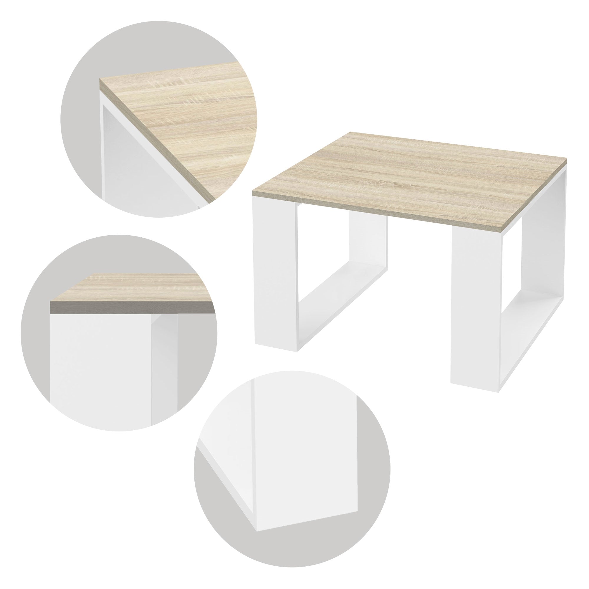 Een vierkante tafel met een houten oppervlak en witte zijkanten.