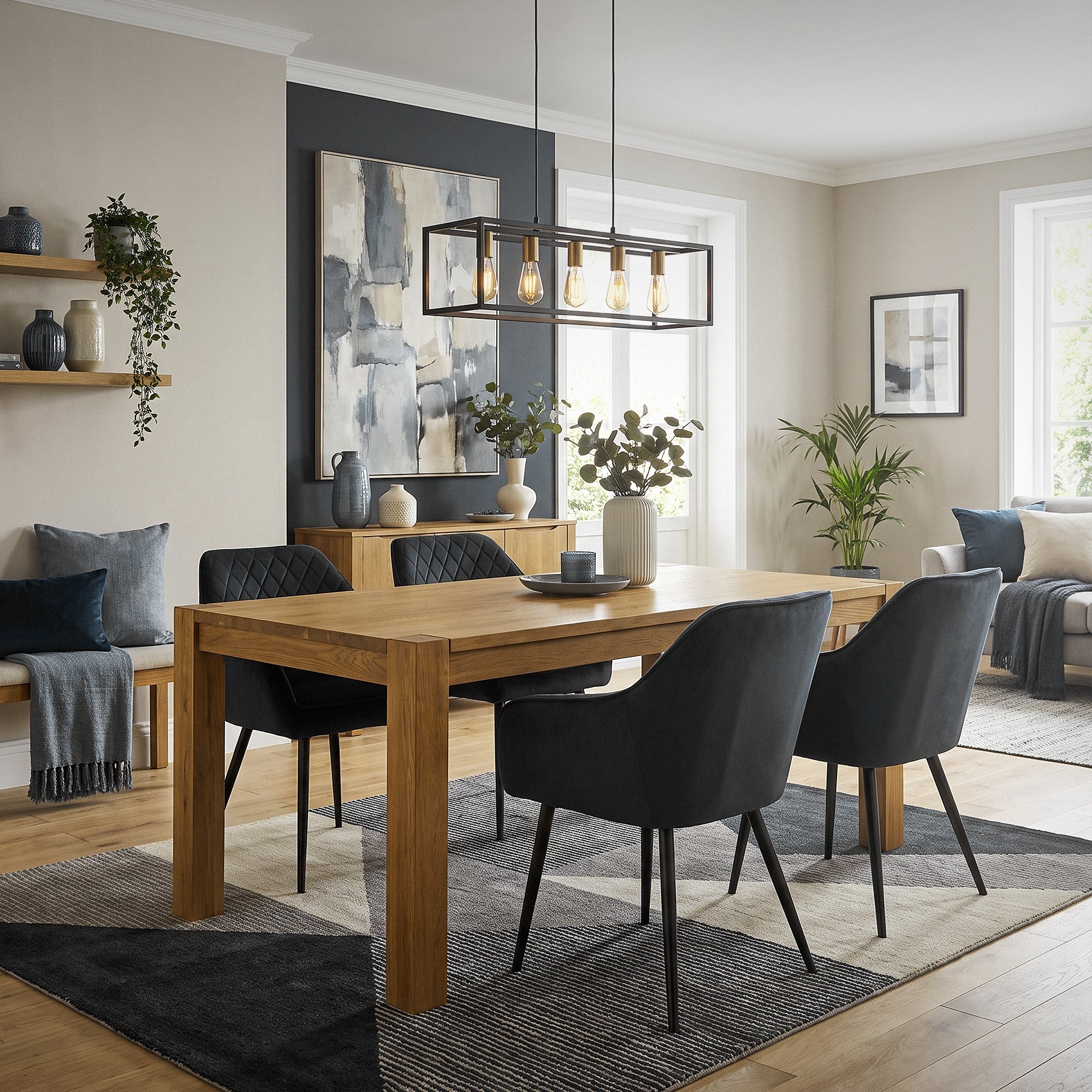 Esszimmer mit einem Holztisch, schwarzen Stühlen und dekorativen Pflanzen.