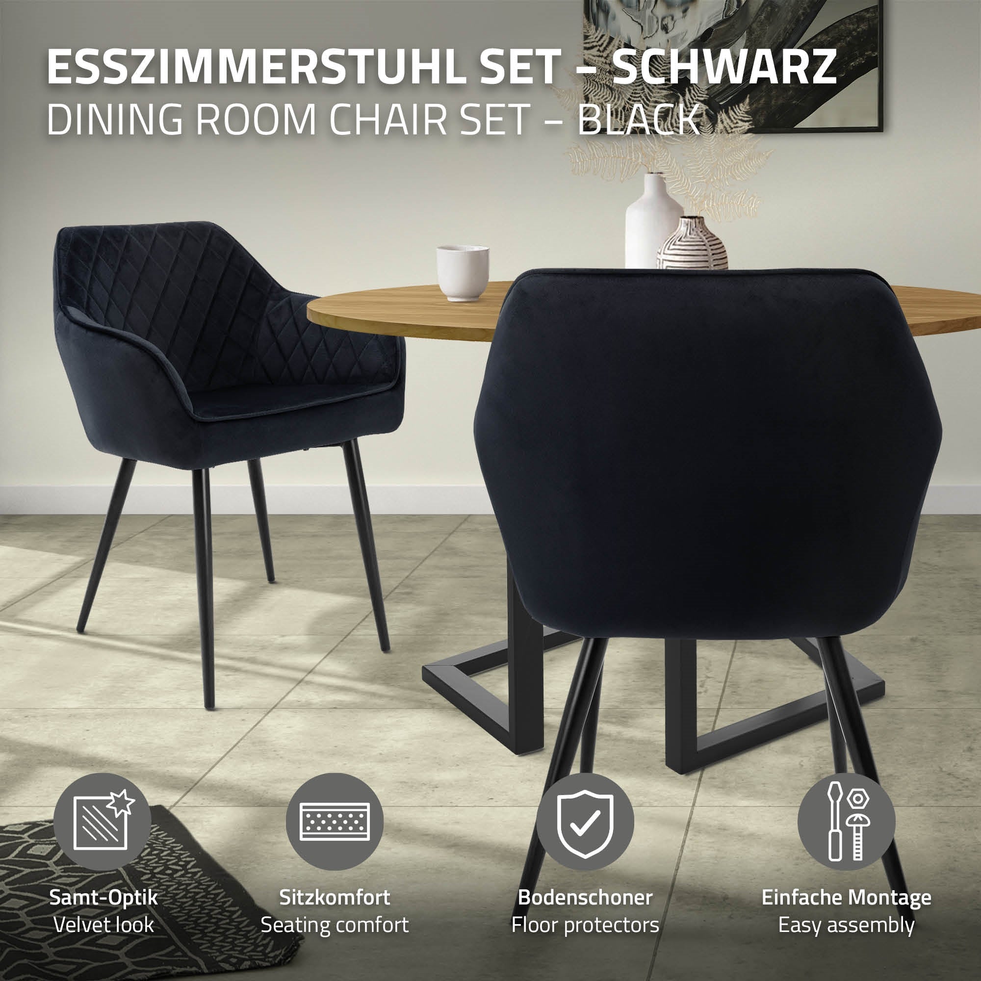 Schwarzes Esszimmerstuhl-Set mit Tisch und Hinweisen zur einfachen Montage.