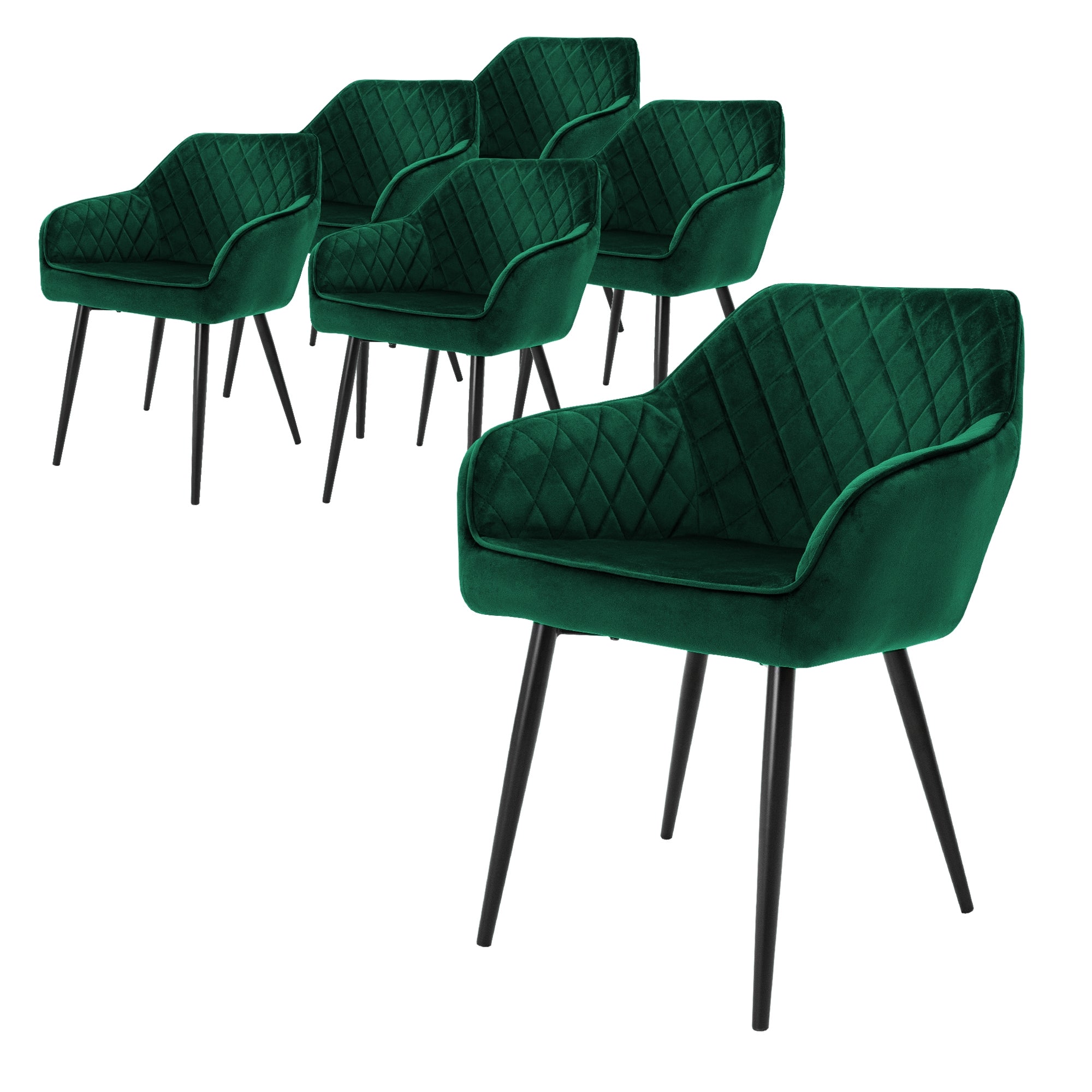 Six chaises vertes avec un design matelassé et des pieds noirs.