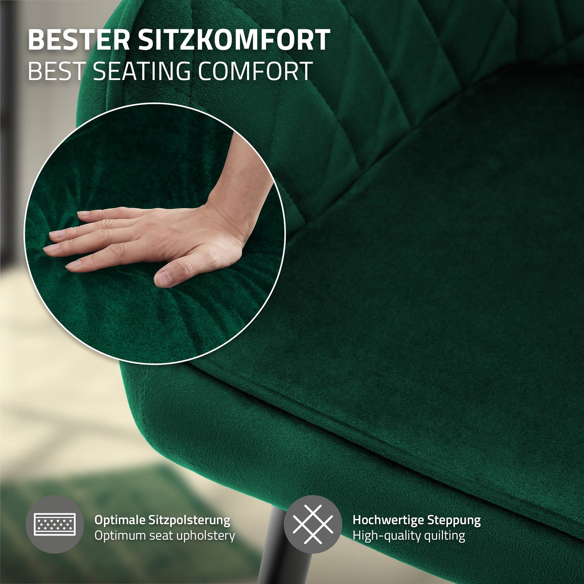 Gros plan d'une main sur un fauteuil vert avec des détails de rembourrage.