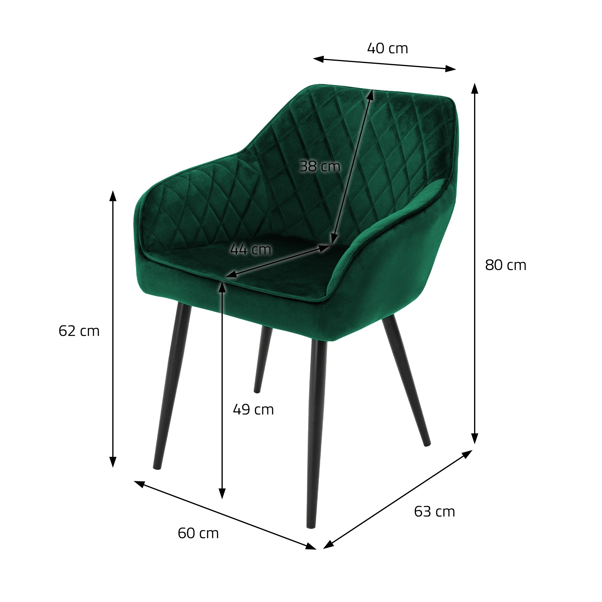 Chaise verte avec des dimensions en cm et un siège rembourré.