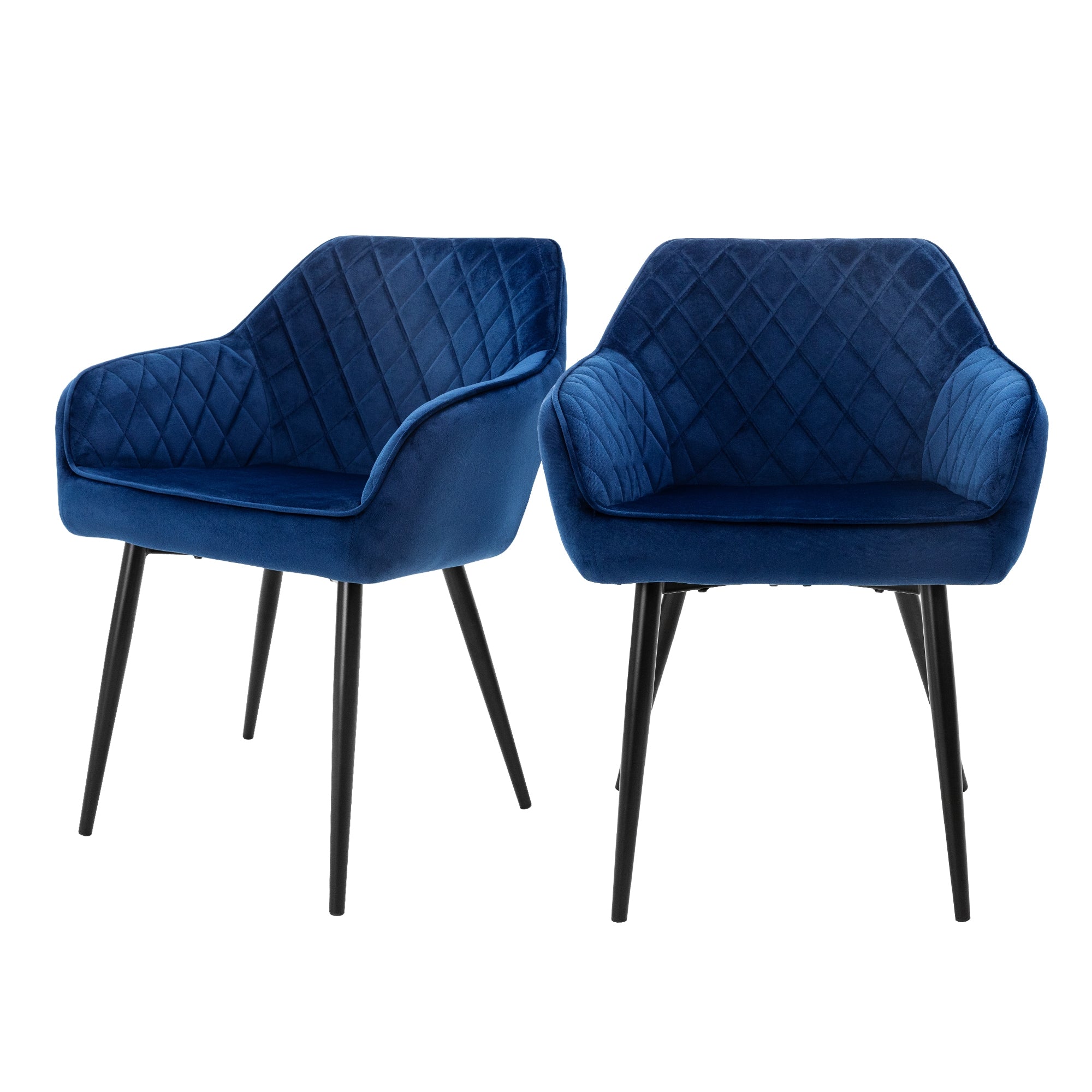 Two blue armchairs with padded armrests and black legs.