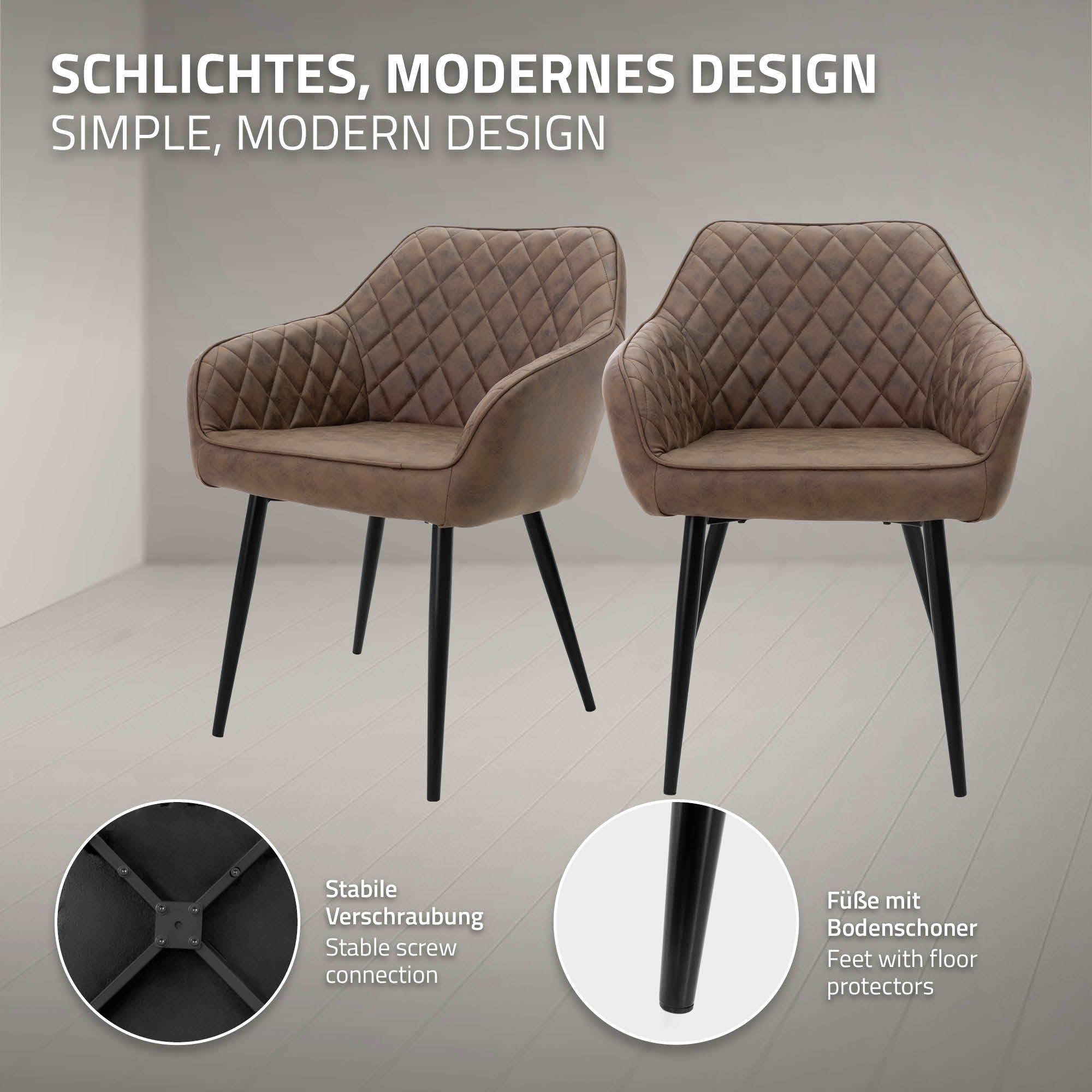 Deux chaises modernes avec un rembourrage en forme de diamant et des pieds noirs.