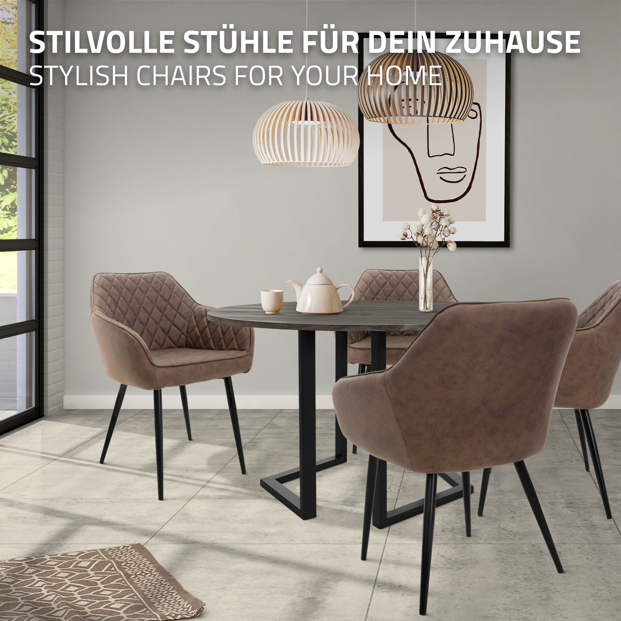 Une salle à manger avec une table ronde et quatre chaises élégantes.