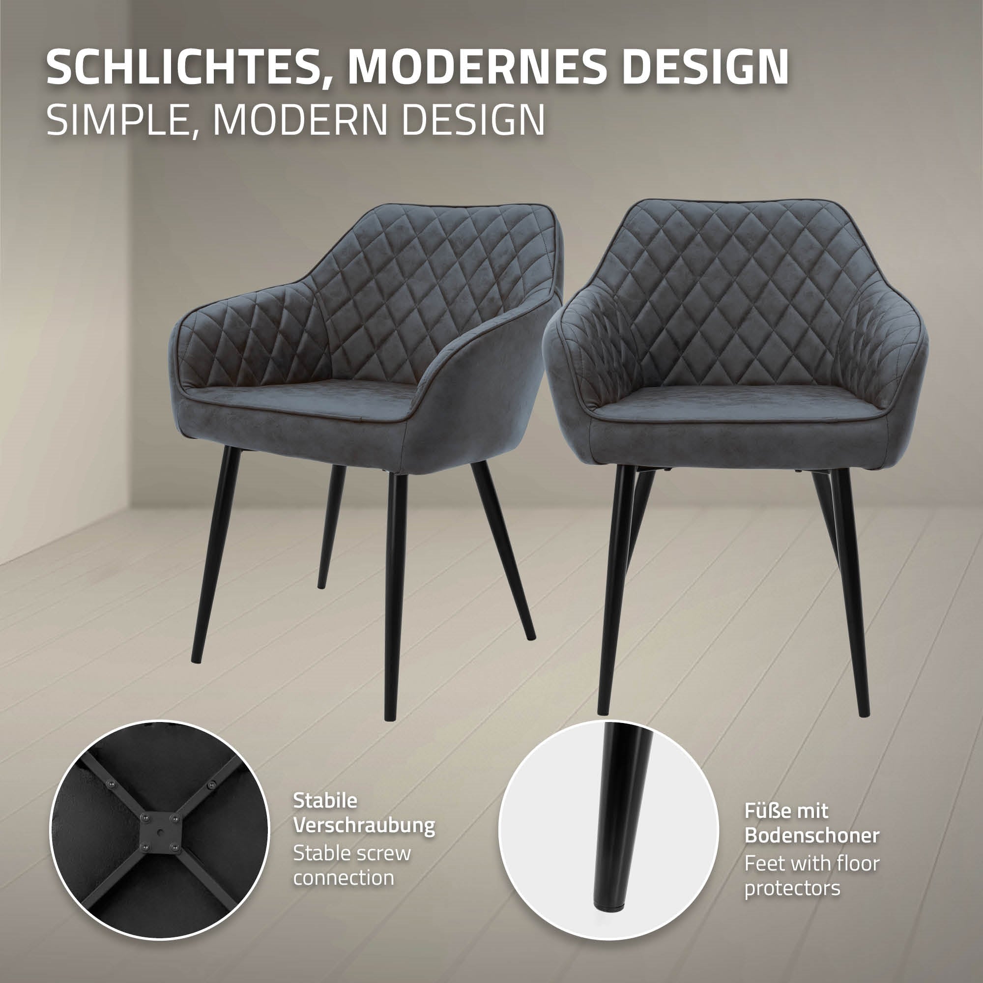 Zwei graue Stühle mit modernem Design und stabiler Verschraubung.