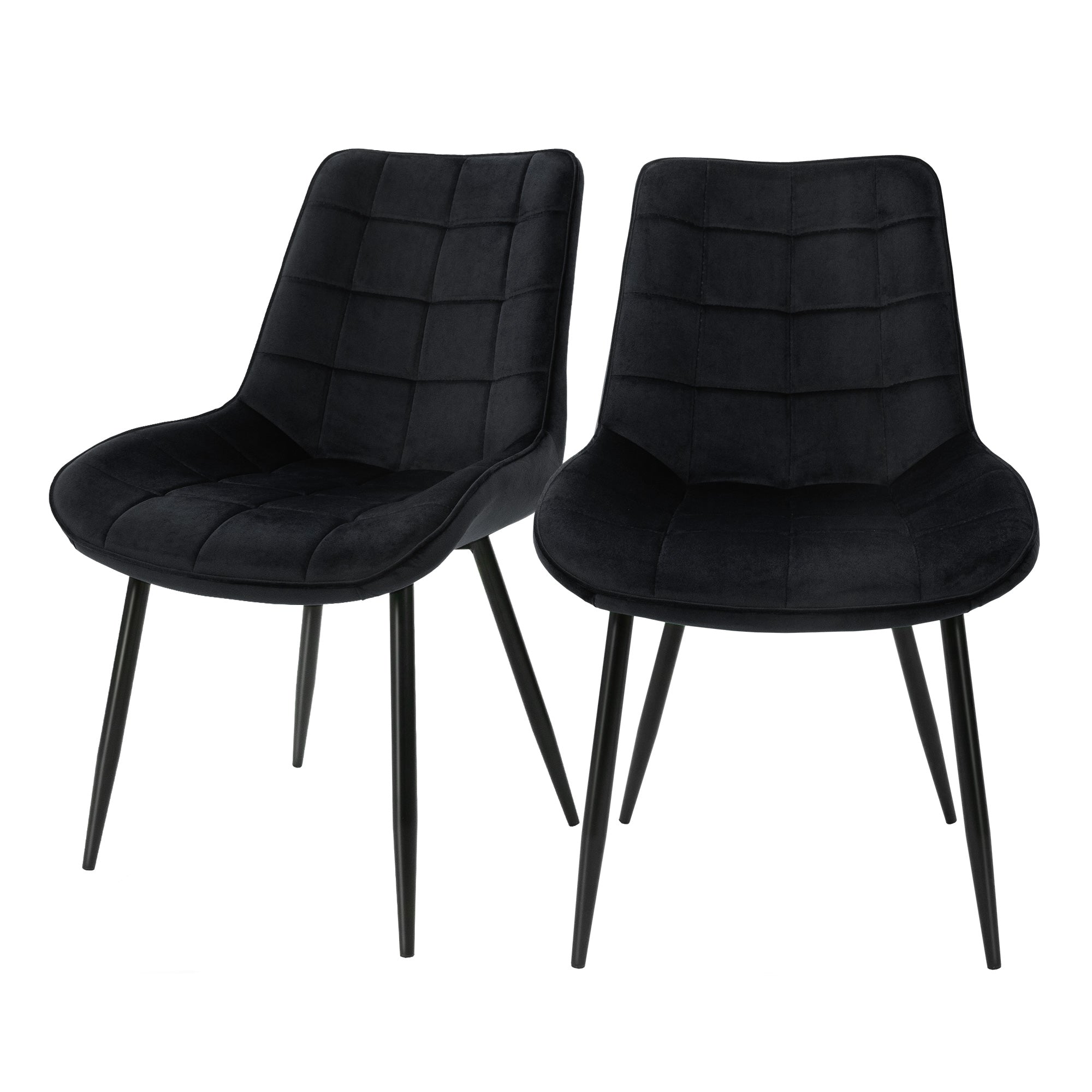 Deux chaises noires avec assises rembourrées et pieds noirs.
