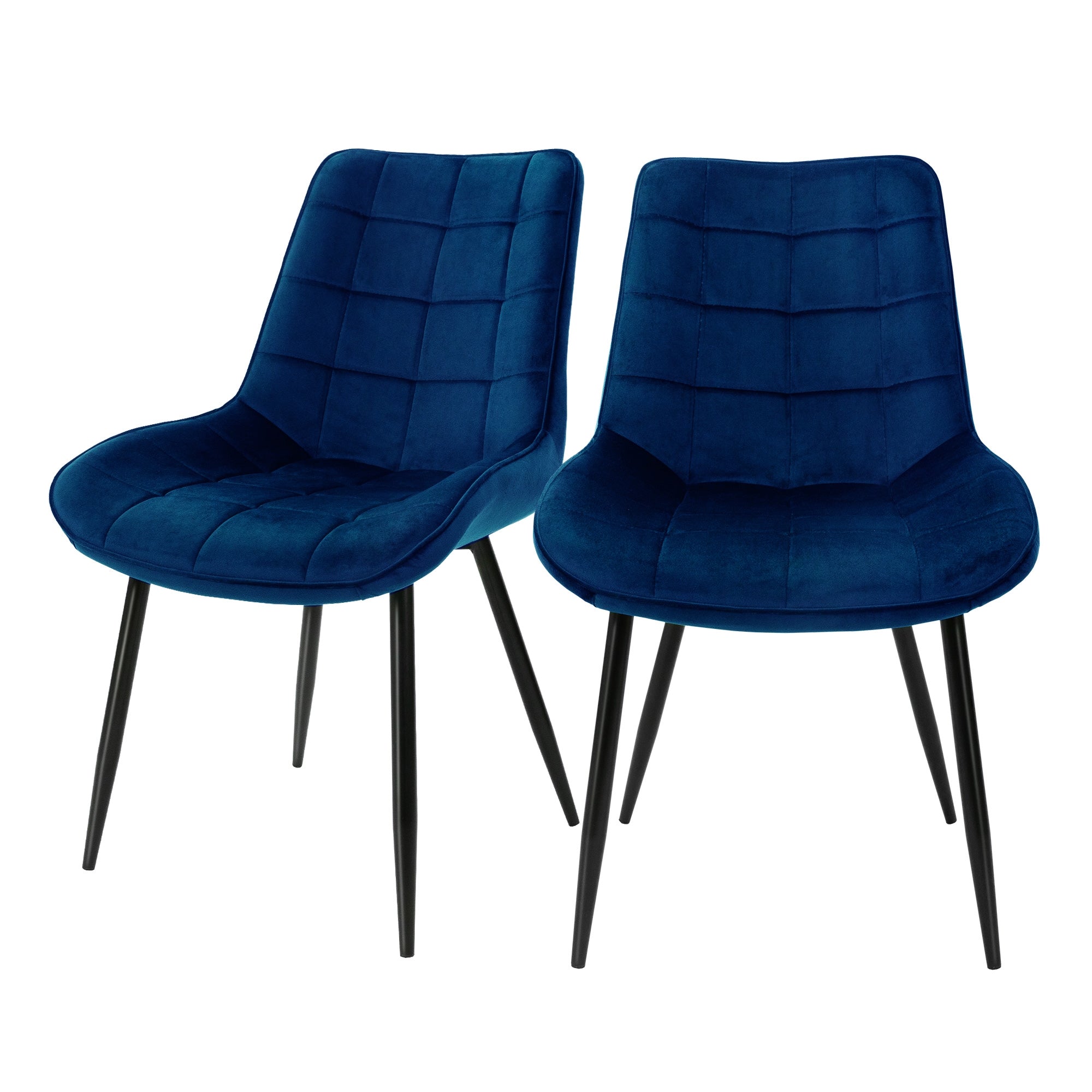 Deux chaises bleues avec un cadre noir sur un fond clair.