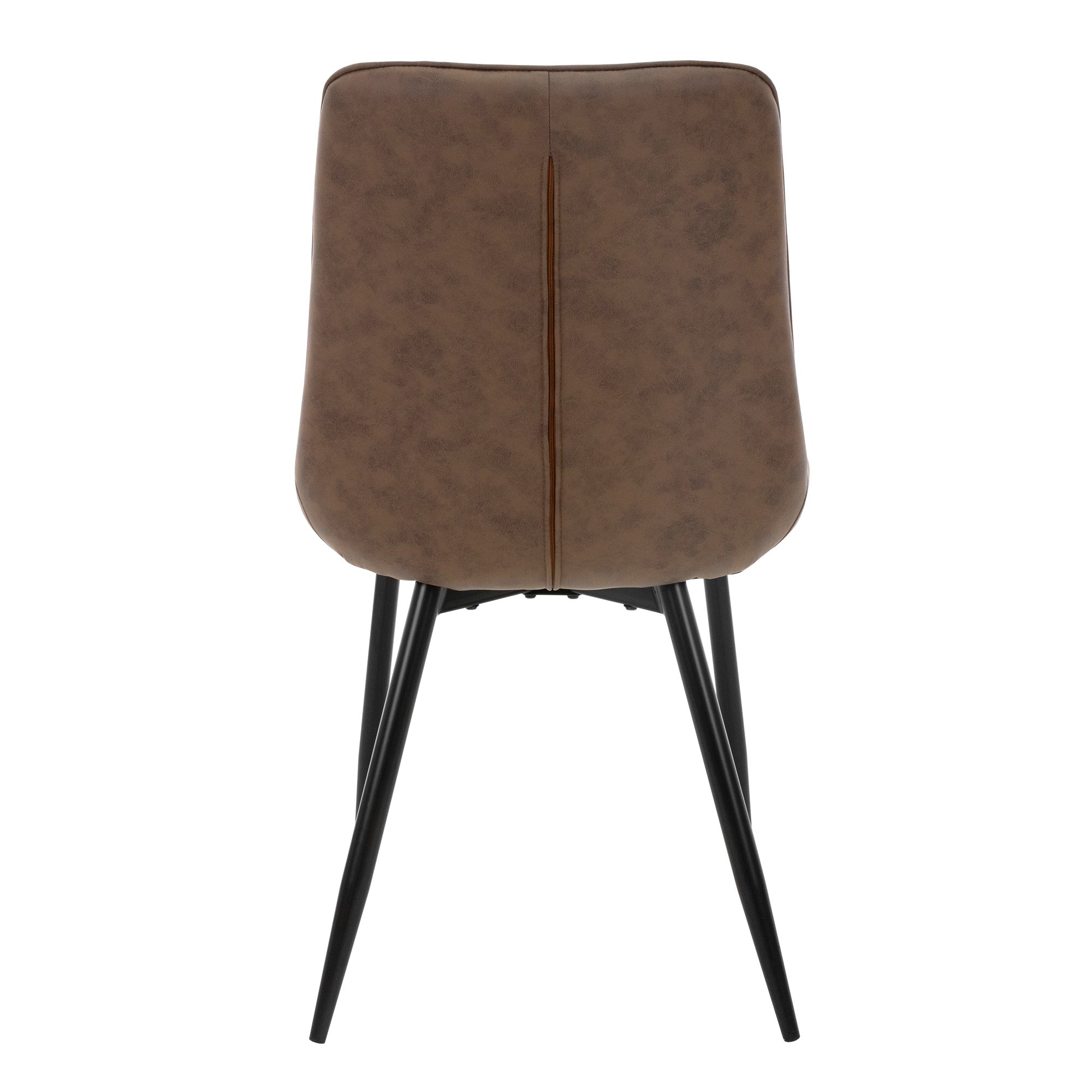 Vue arrière d'une chaise brune avec pieds en métal noir.