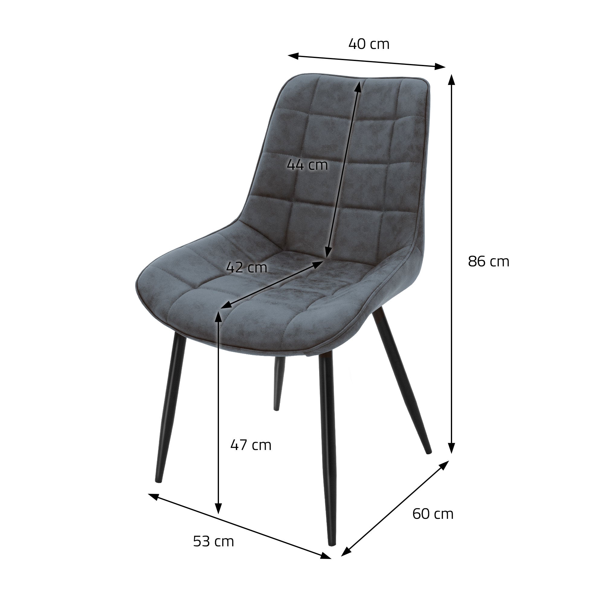 Chaise grise avec des dimensions pour la hauteur et la largeur sur fond blanc.