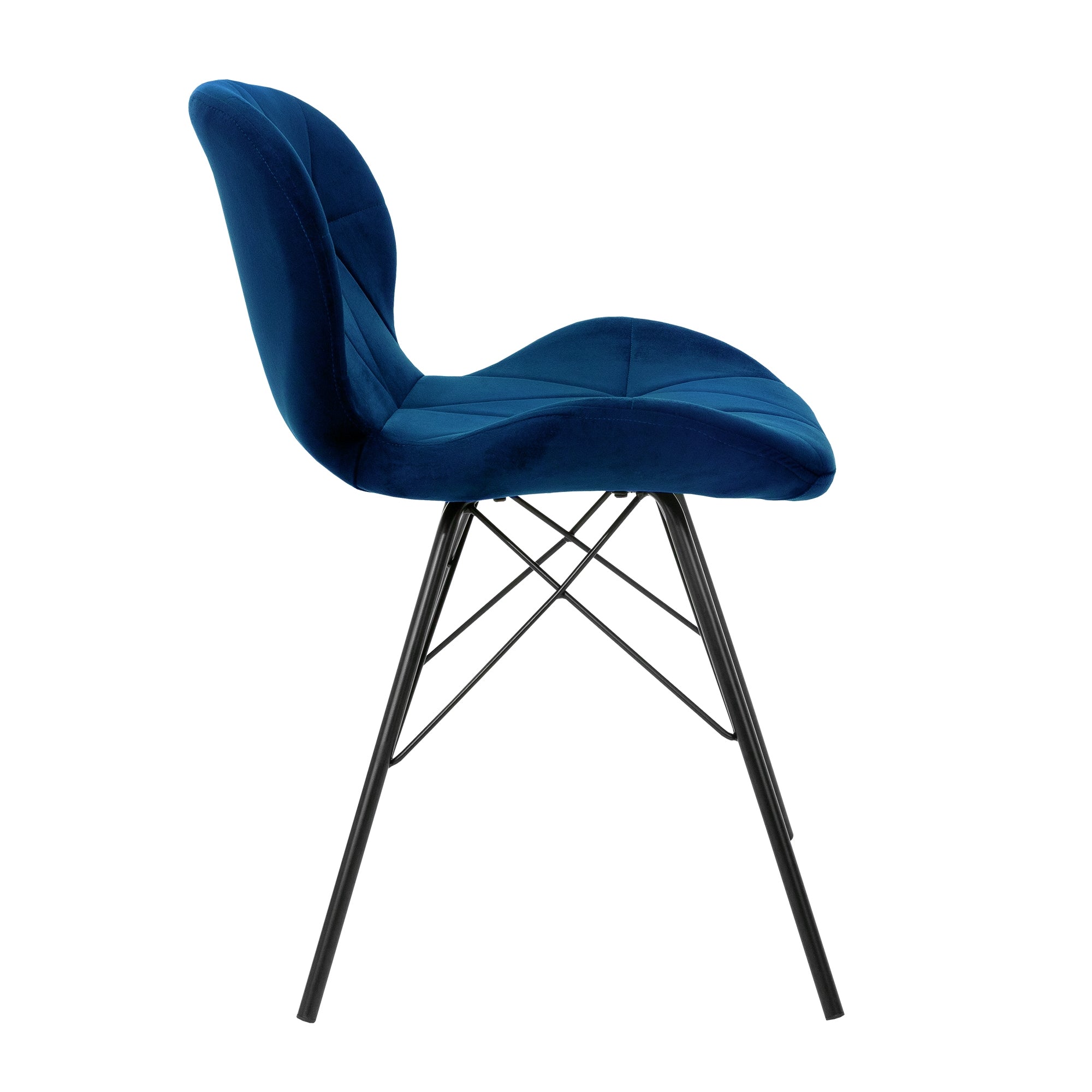Blauer Stuhl mit gepolstertem Sitz und schwarzen Metallbeinen von der Seite.