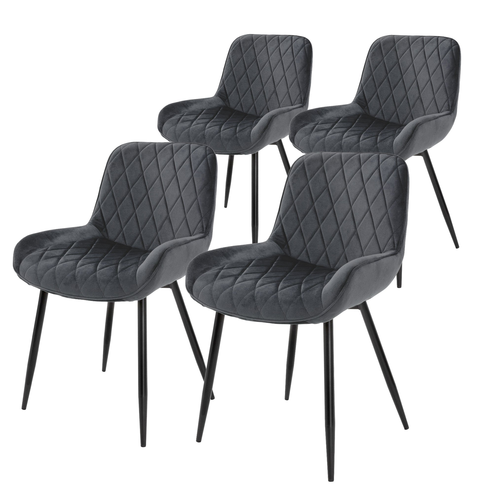 Quattro sedie grigie con imbottitura a forma di diamante e gambe nere.