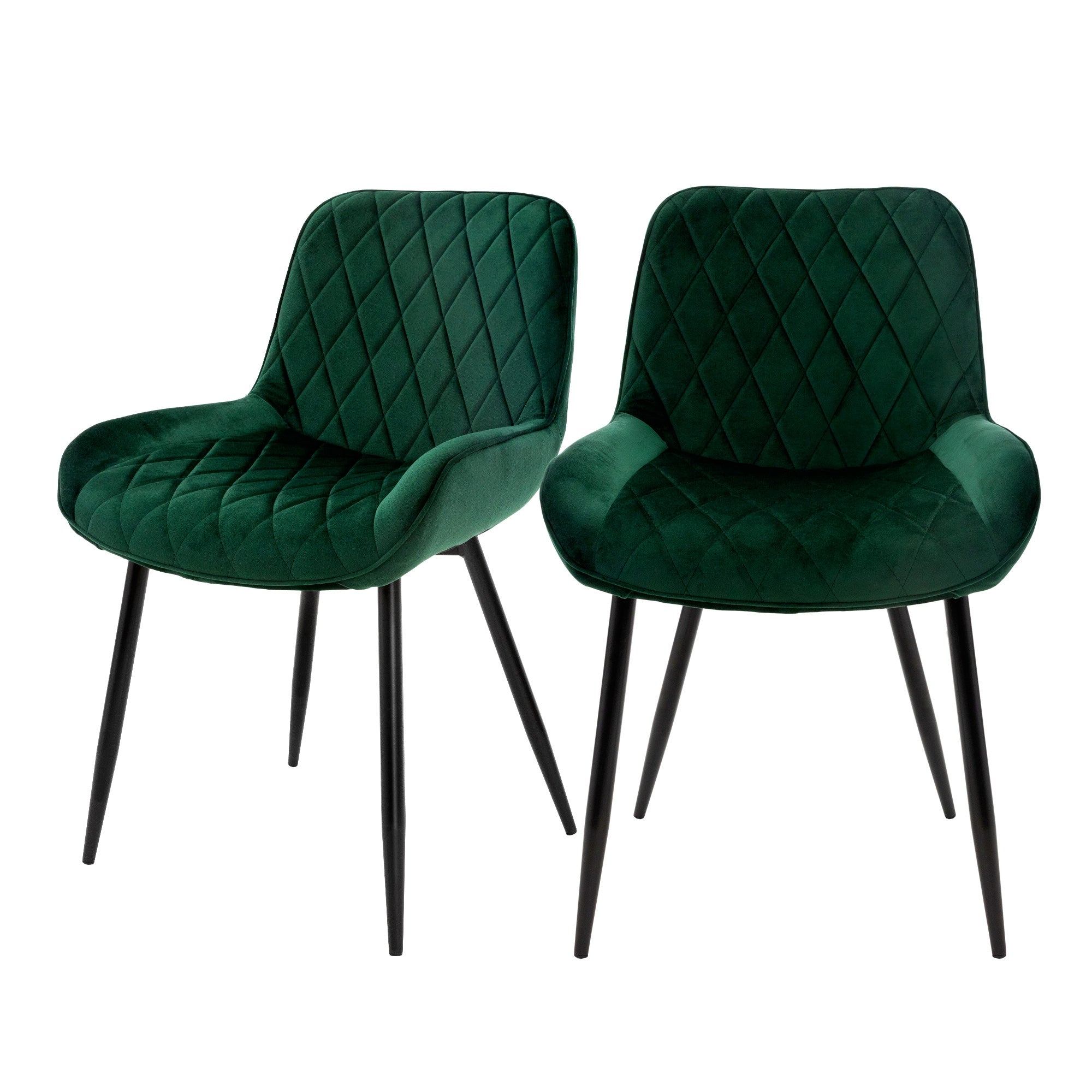 Twee groene stoelen met gestoffeerde zittingen en zwarte poten.