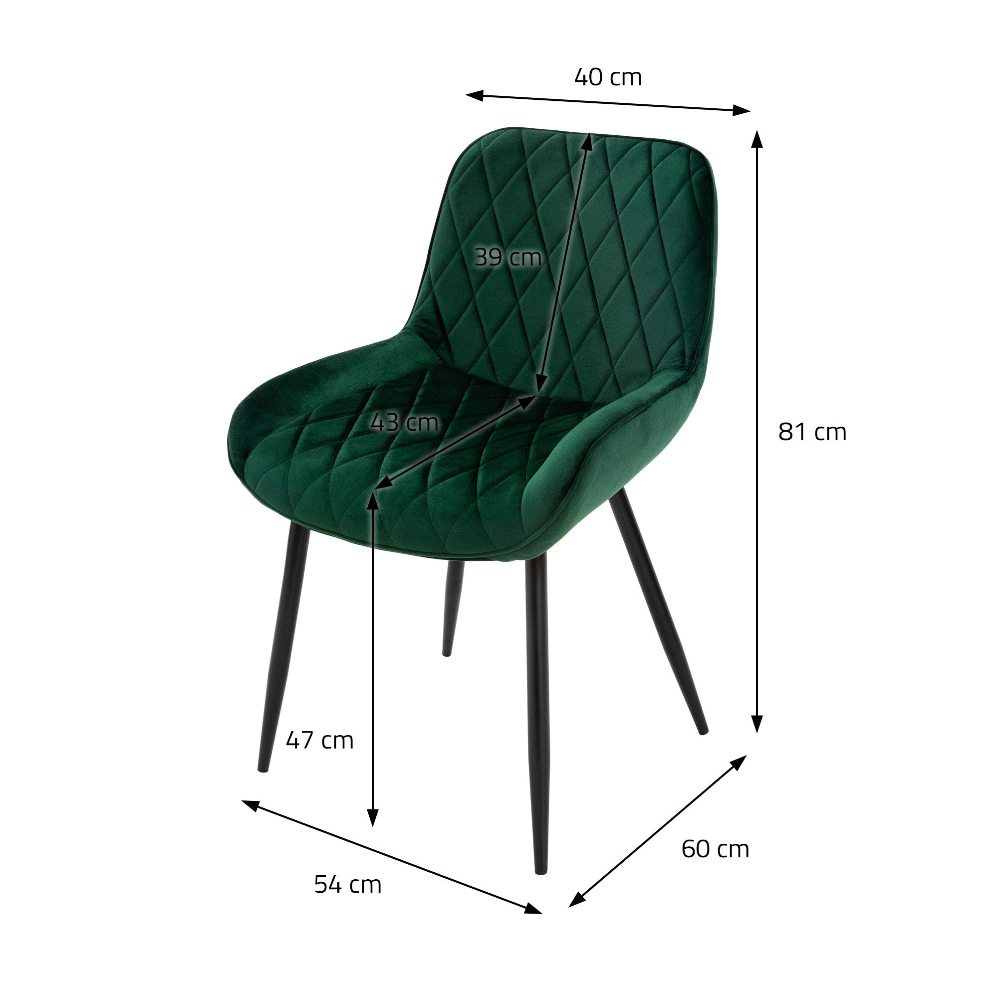 Chaise verte avec des dimensions : hauteur 81 cm, largeur 54 cm, profondeur 40 cm.