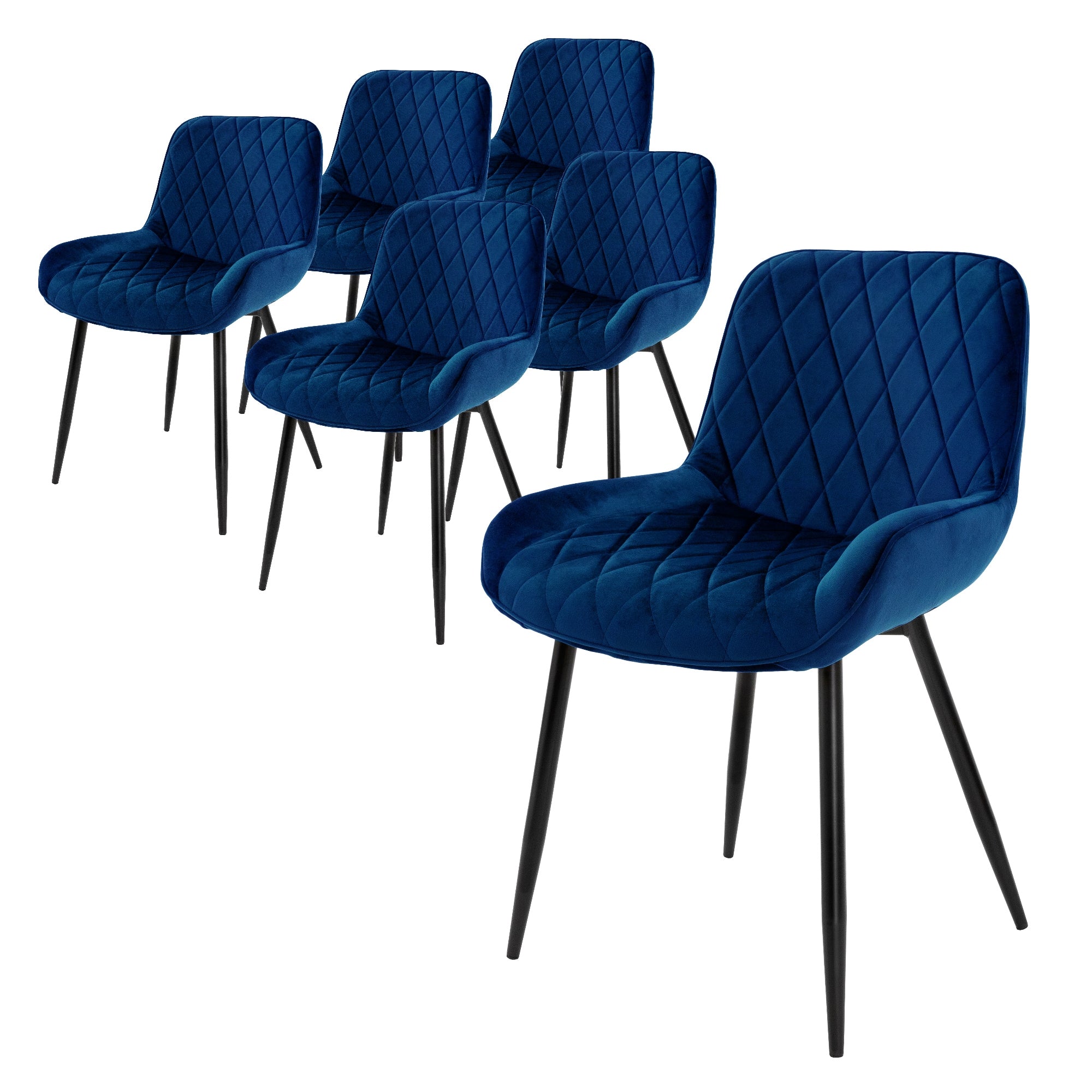 Seks blå stole med diamantformet polstring og sorte ben.