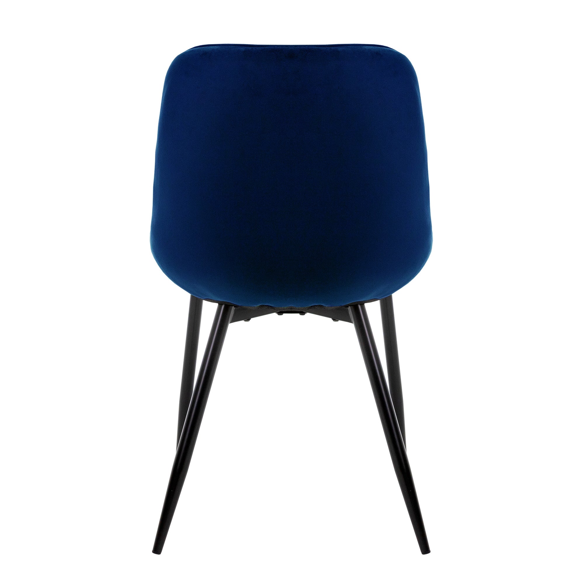 Vue arrière d'une chaise bleue avec pieds noirs.