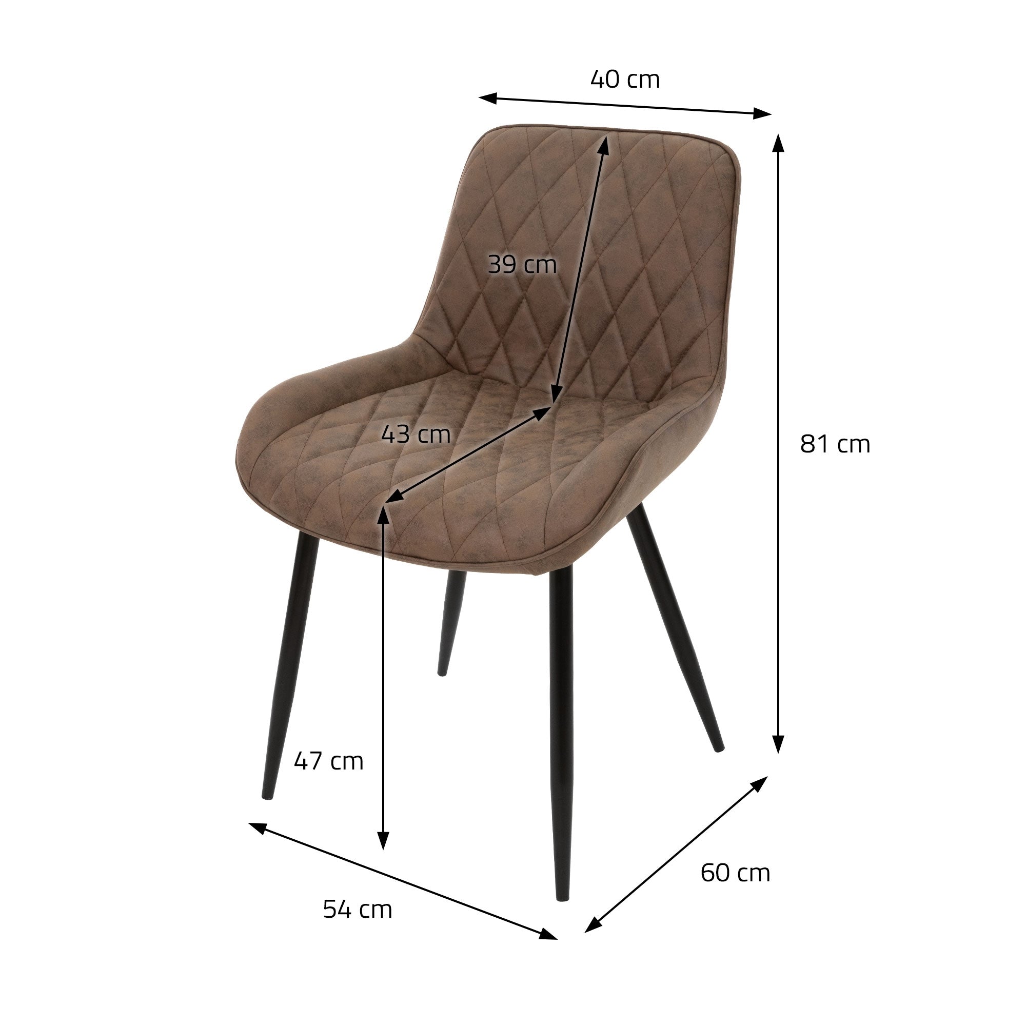 Chaise brune avec dimensions en centimètres sur fond blanc.