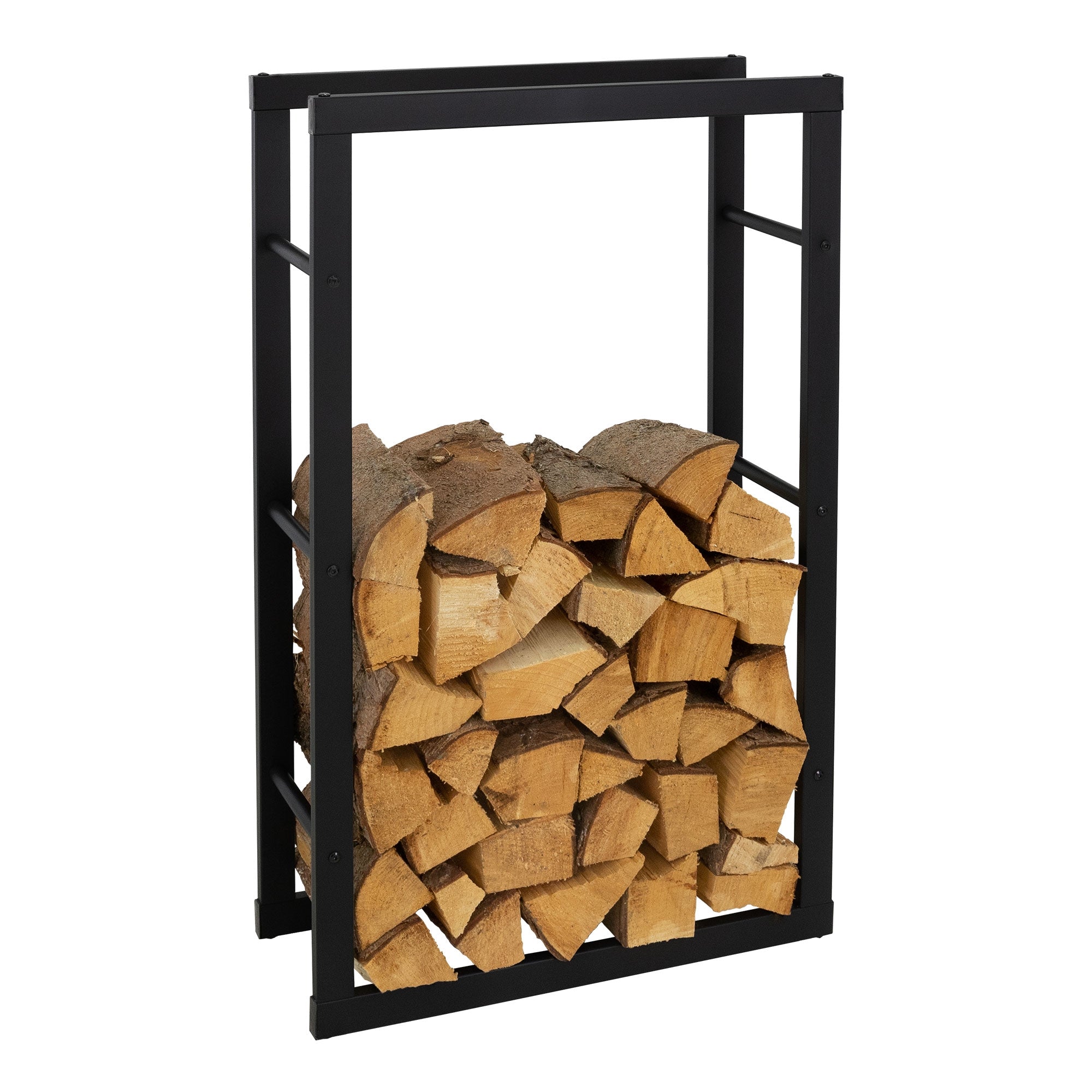 Ein Holzregal mit gestapeltem Holz.