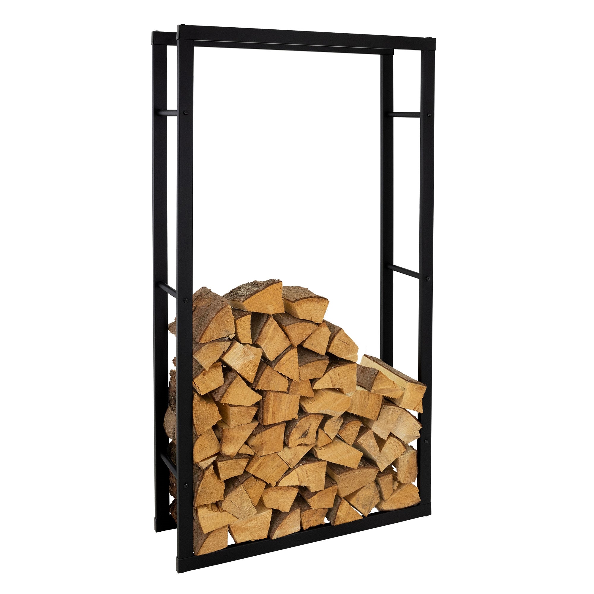 Holzregal mit gestapeltem Holz, schwarzer Rahmen.