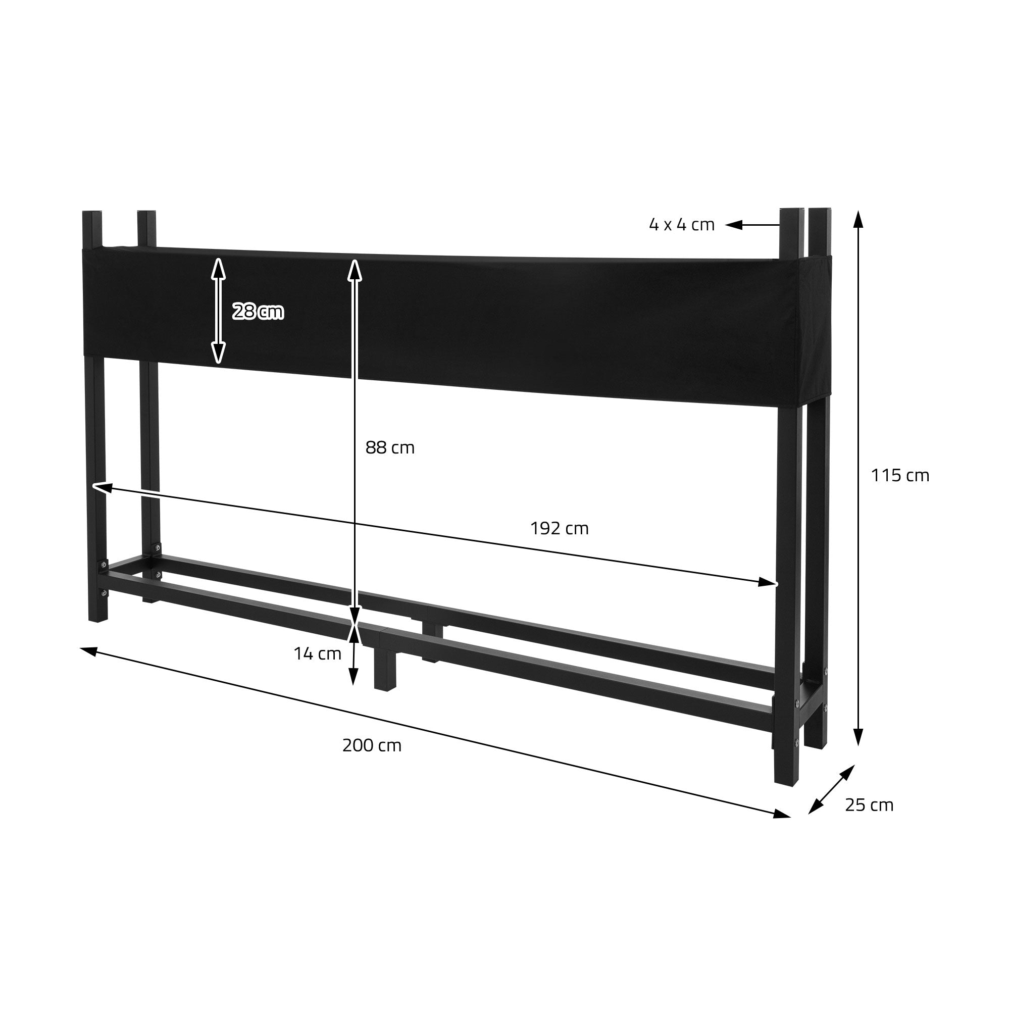 Black planting table with dimensions, 115 cm high, 200 cm wide.
