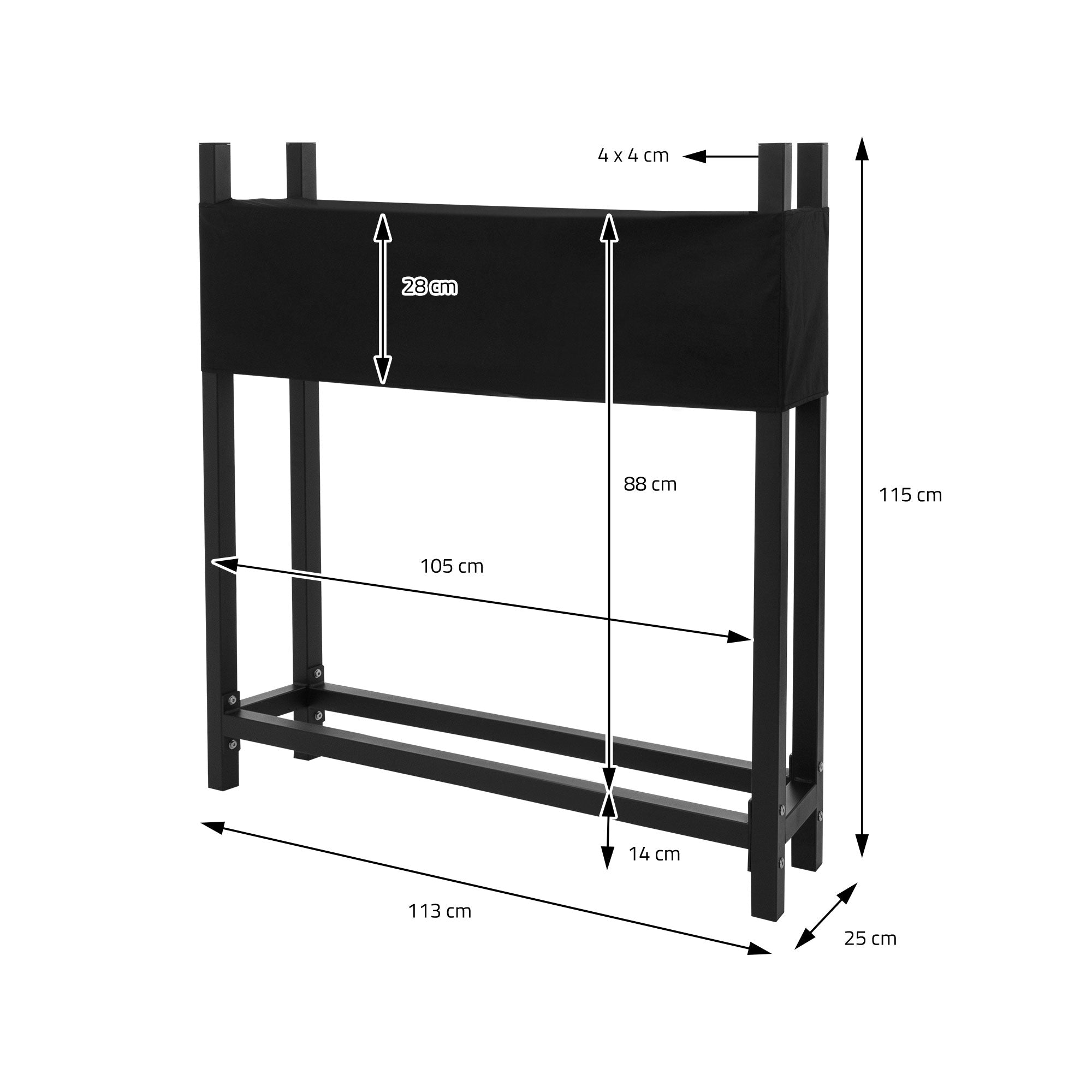 Table de jardin noire avec des dimensions de 115 cm de haut, 113 cm de large.