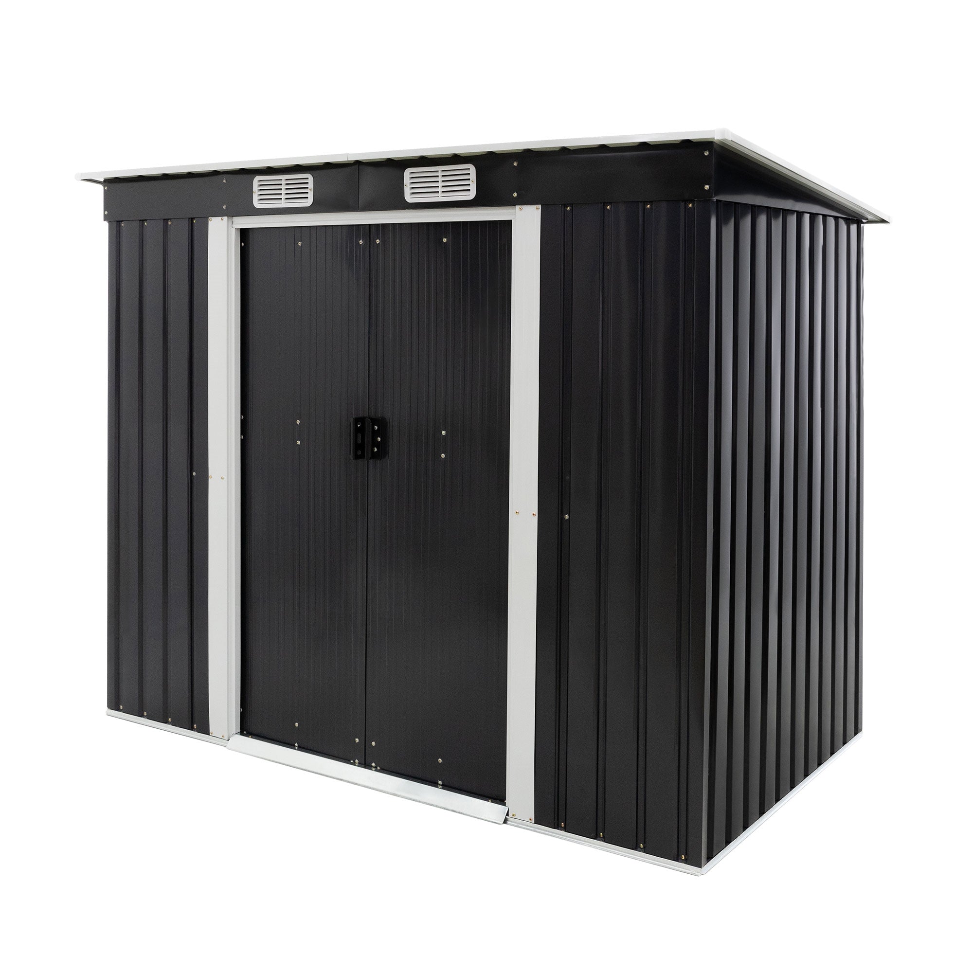 Espace de rangement de jardin noir avec portes doubles et ventilation.