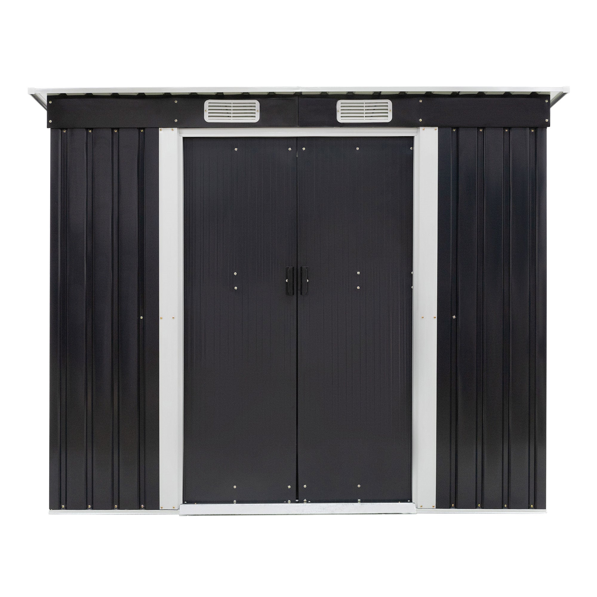 Maison de jardin noire avec deux portes et des fentes de ventilation.