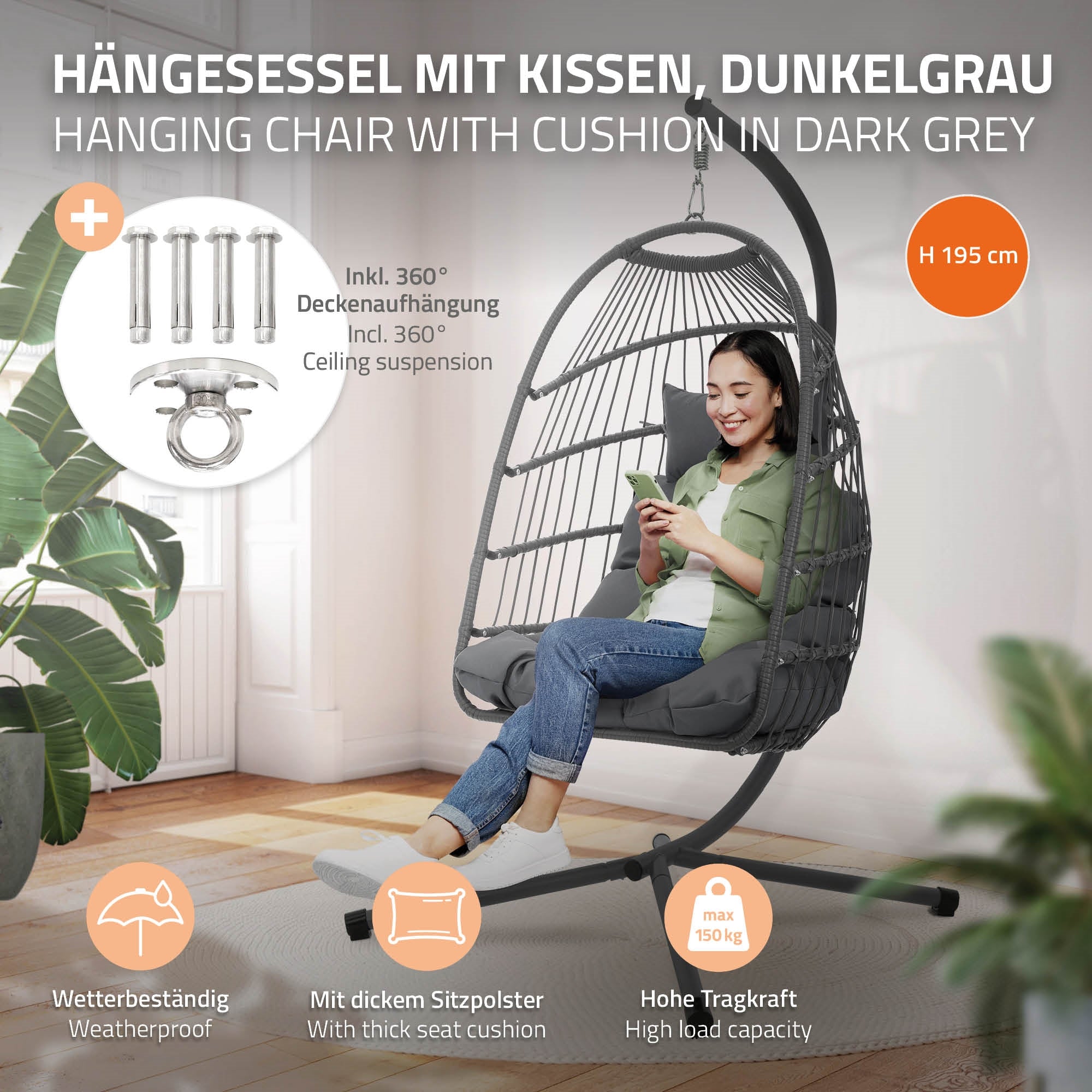 Hängesessel in Dunkelgrau, mit Kissen, inklusive Aufhängungsteilen.