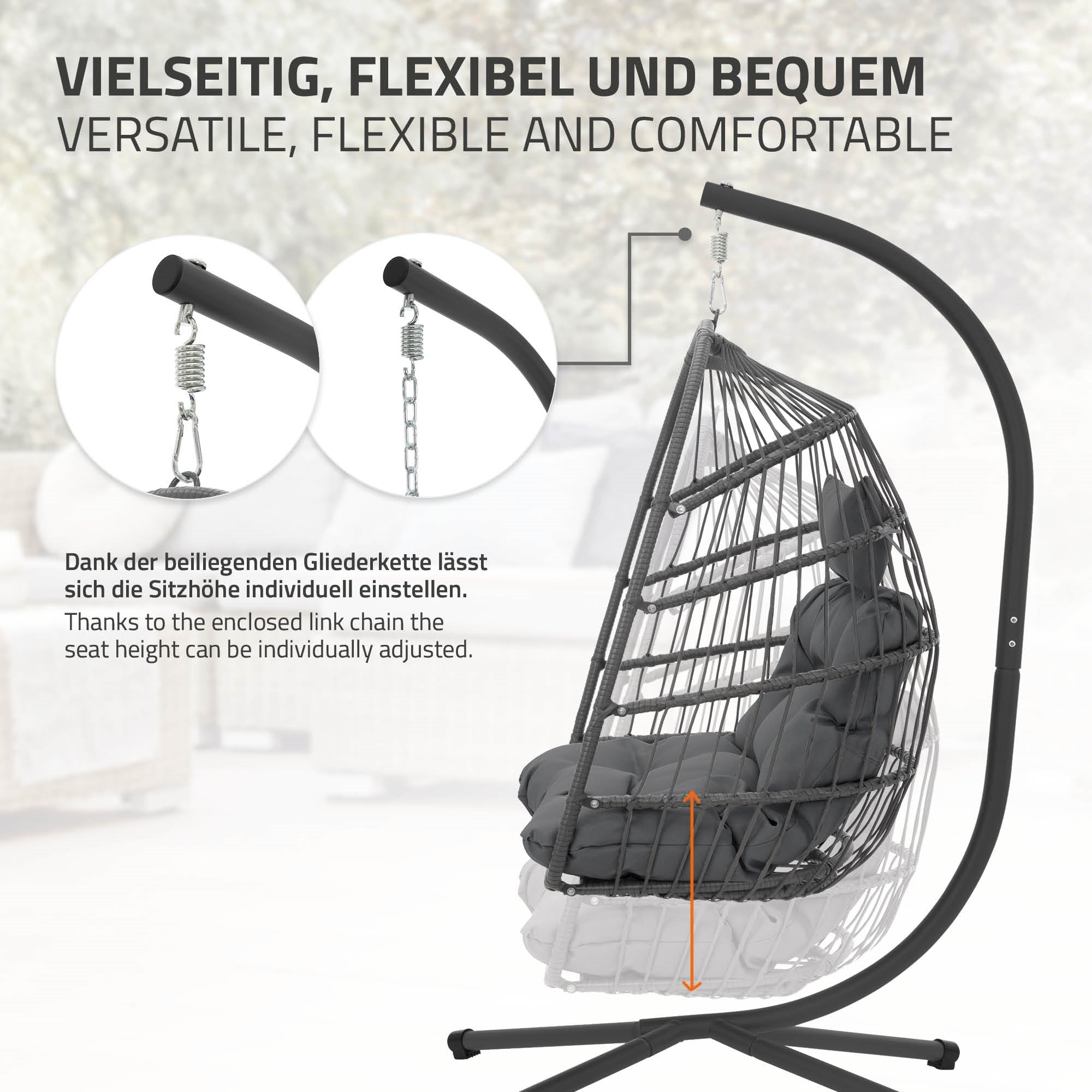 Hängesessel mit verstellbarer Sitzhöhe und bequemen Kissen.