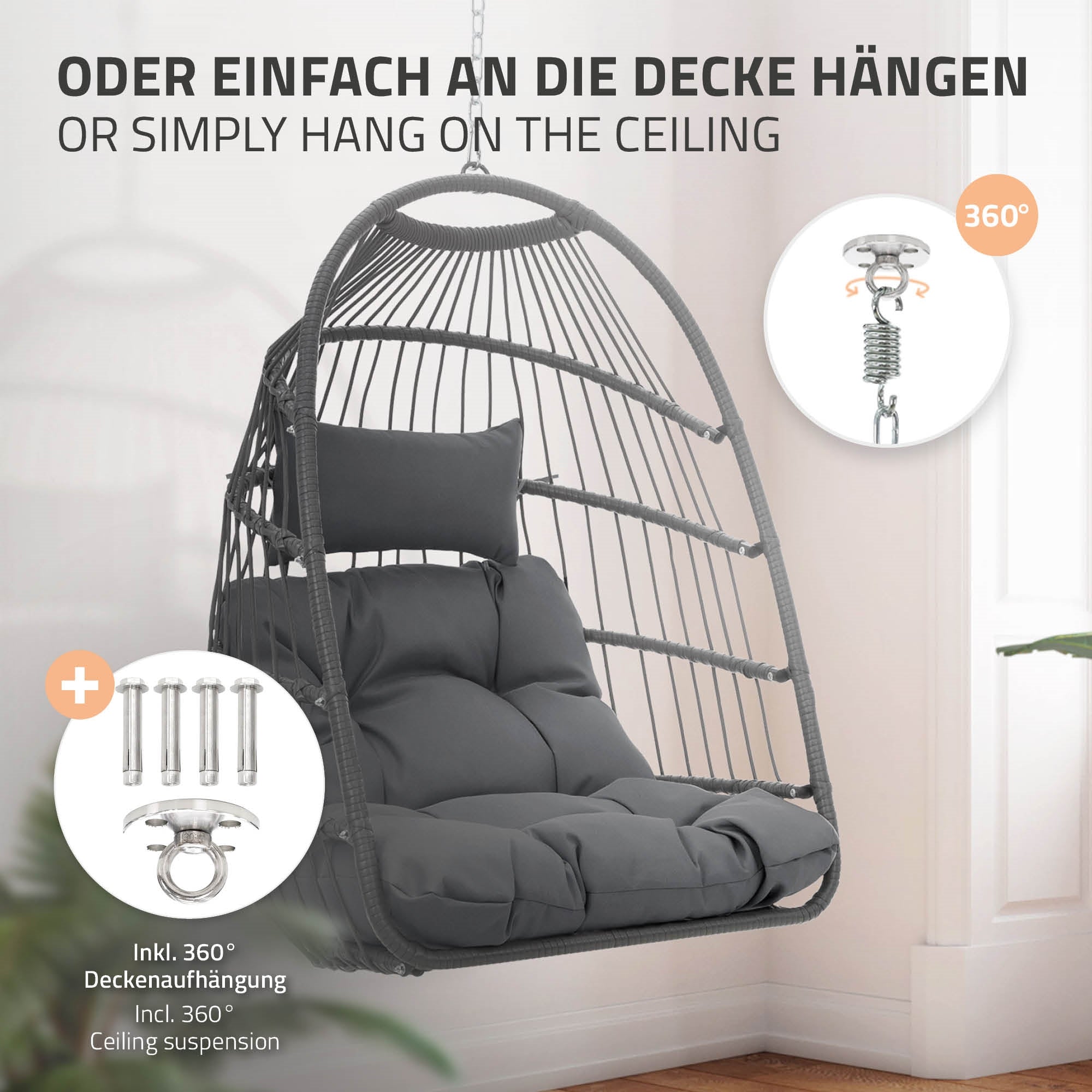 Hängesessel mit Kissen, der an der Decke hängt, mit Montagezubehör.
