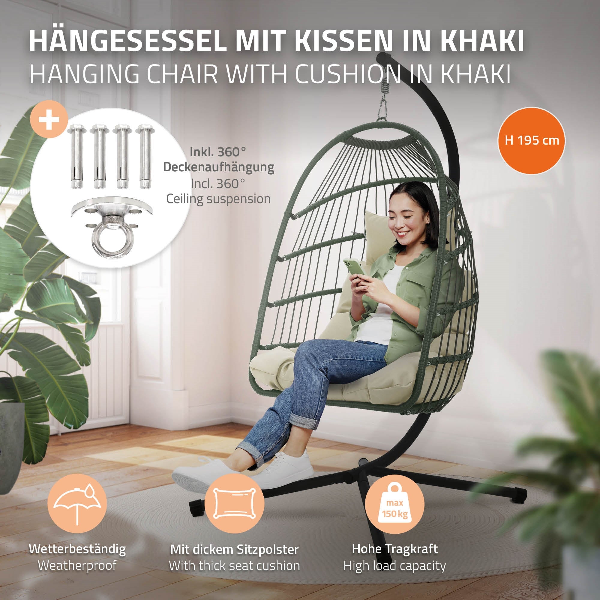 Hängesessel in Khaki mit Kissen, Details zur Deckenaufhängung.