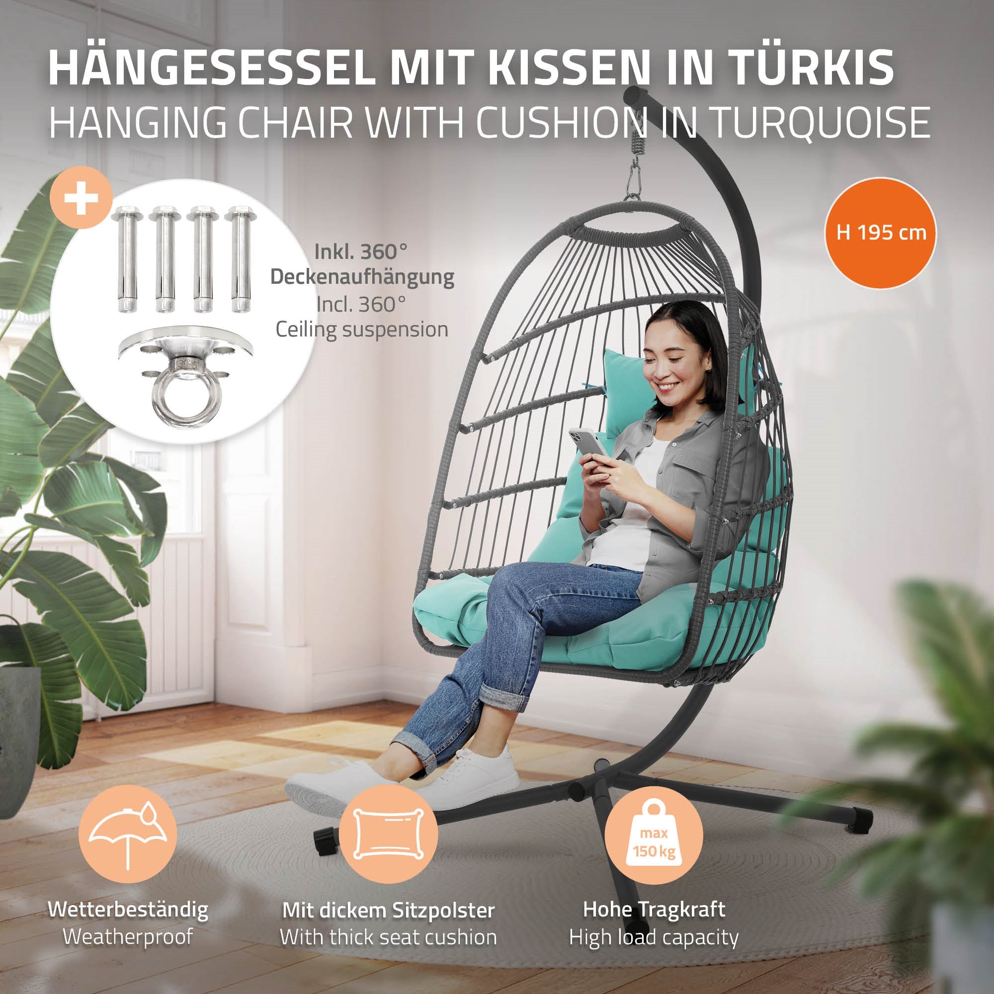 Sillón colgante en turquesa con cojín y suspensión de techo.