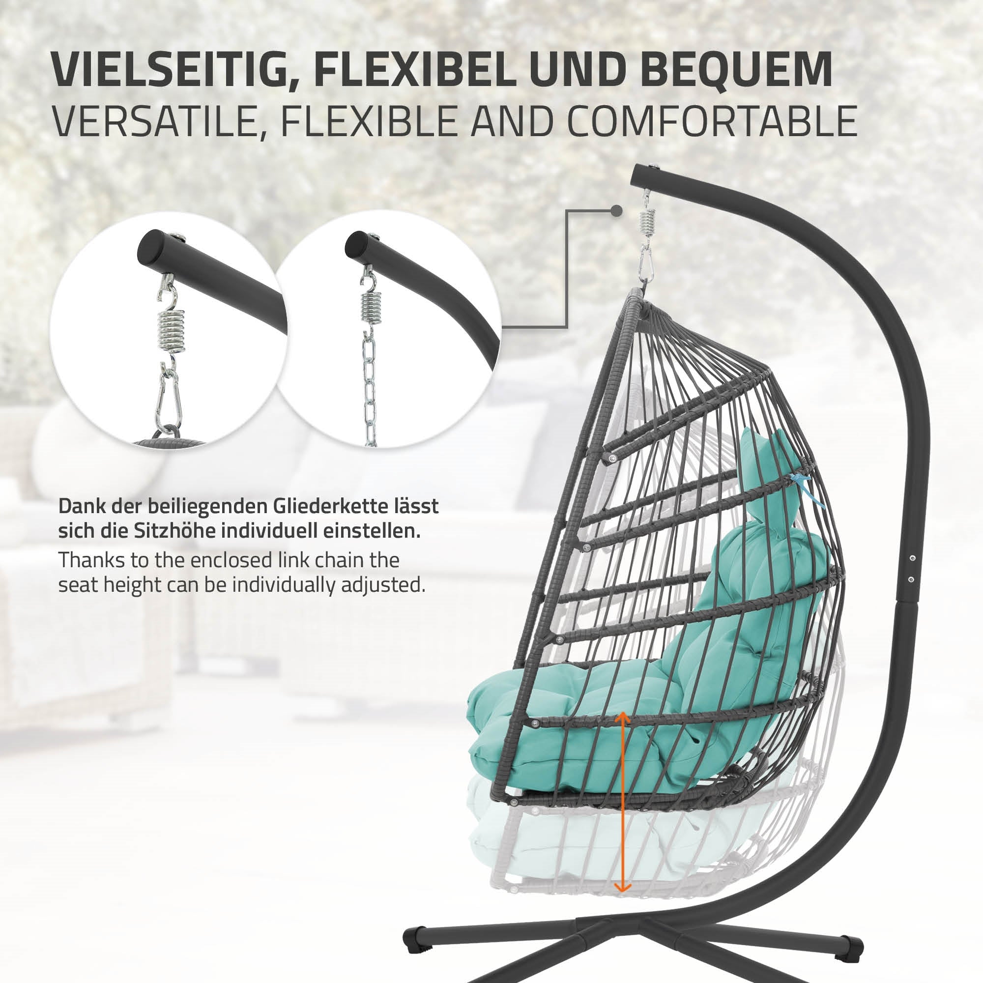Sillón colgante con altura de asiento ajustable y construcción estable.