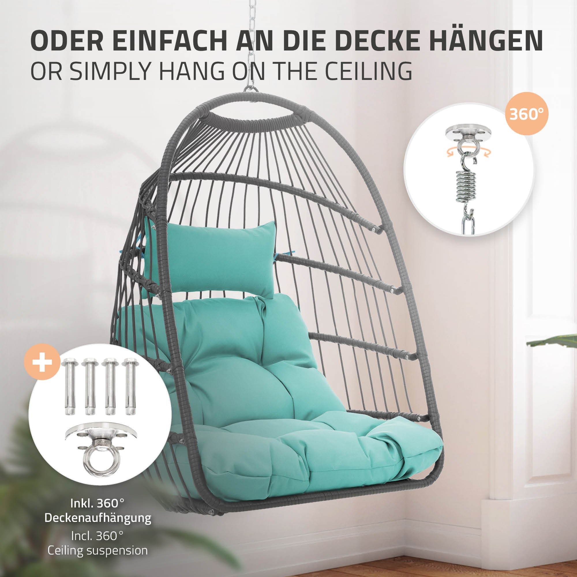 Sillón colgante con cojín, suspensión de techo y accesorios en una imagen.