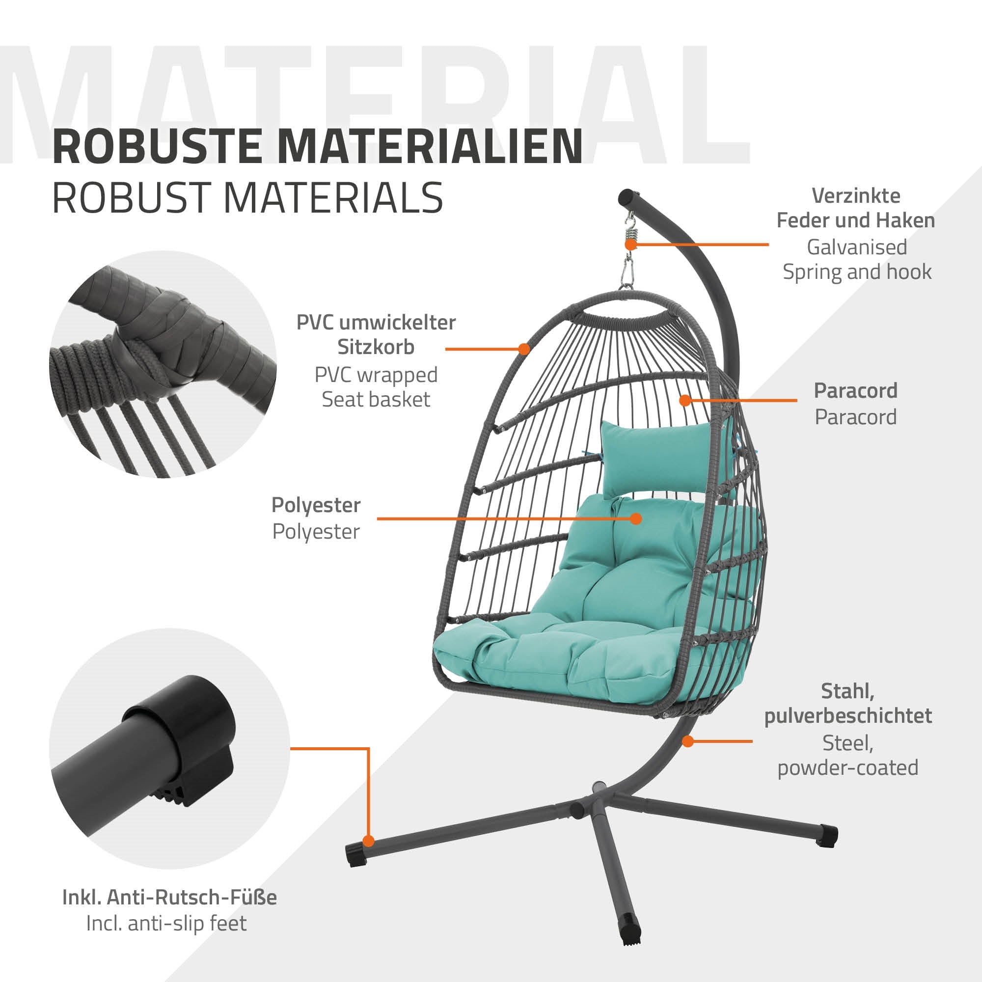 Sillón colgante con cojín, de diferentes materiales, con detalles sobre los materiales.